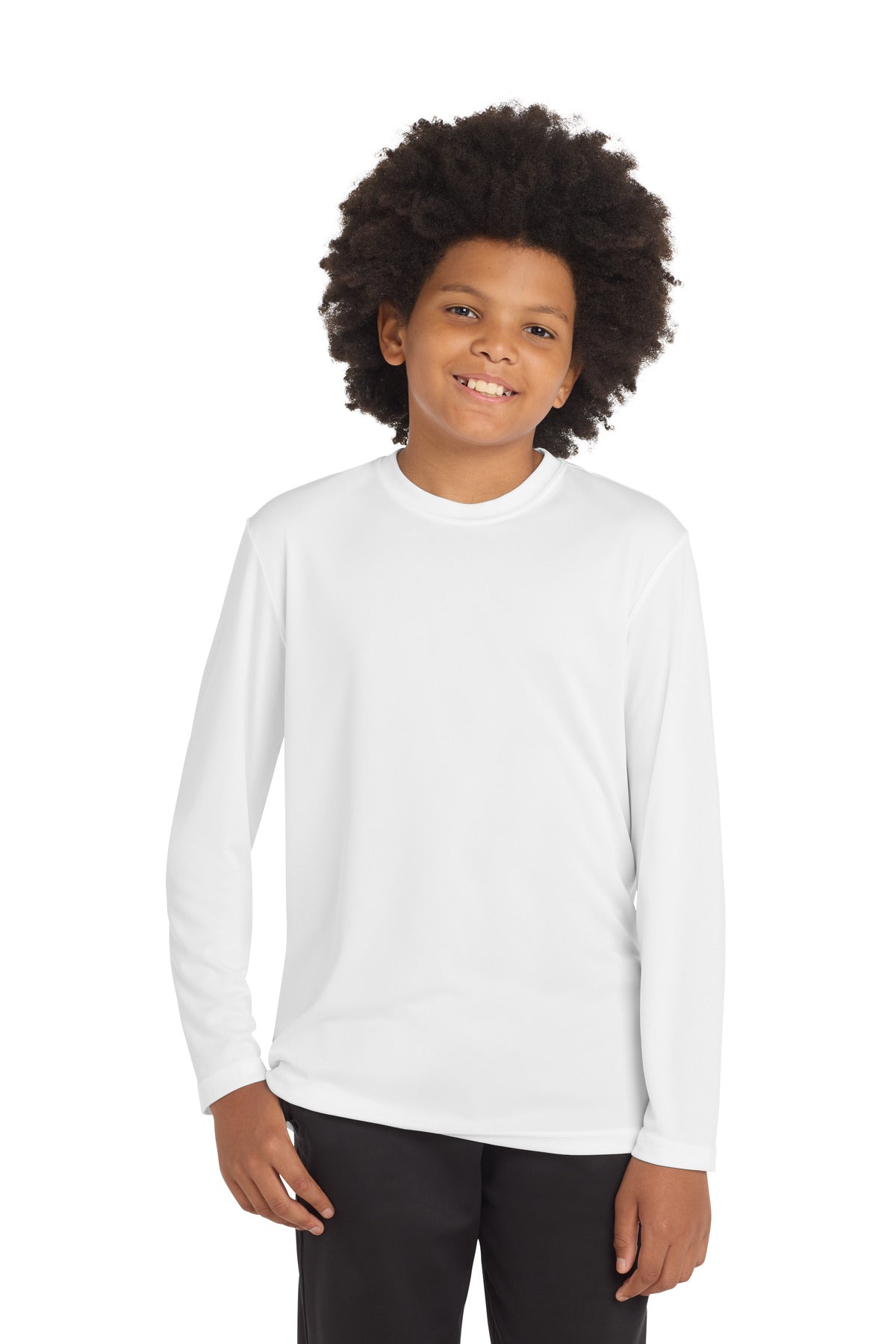 Front View of White Sport-Tek Youth Long Sleeve PosiCharge Competitor Tee. YST350LS