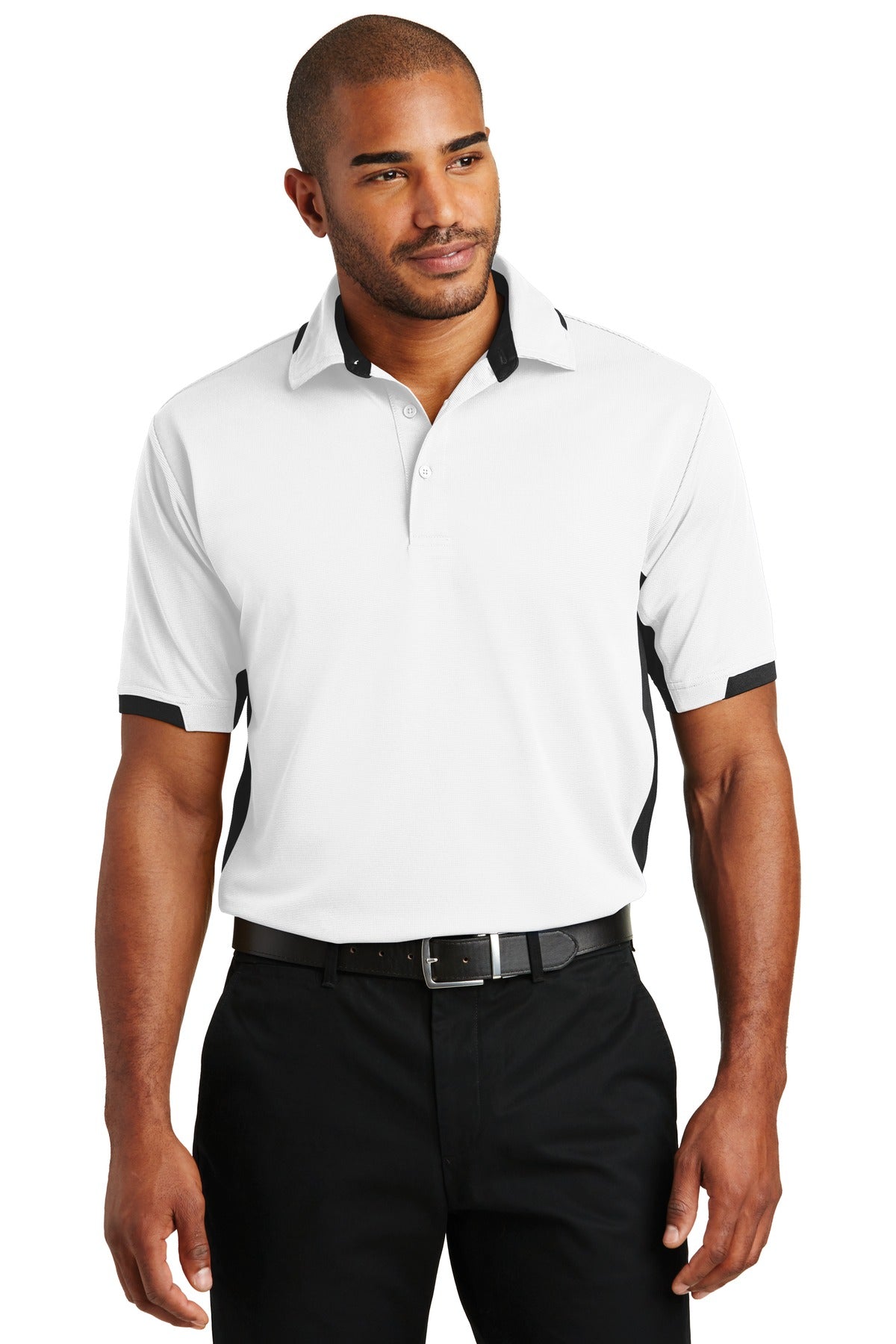 Front View of White/Black Port Authority Dry Zone Colorblock Ottoman Polo. K524