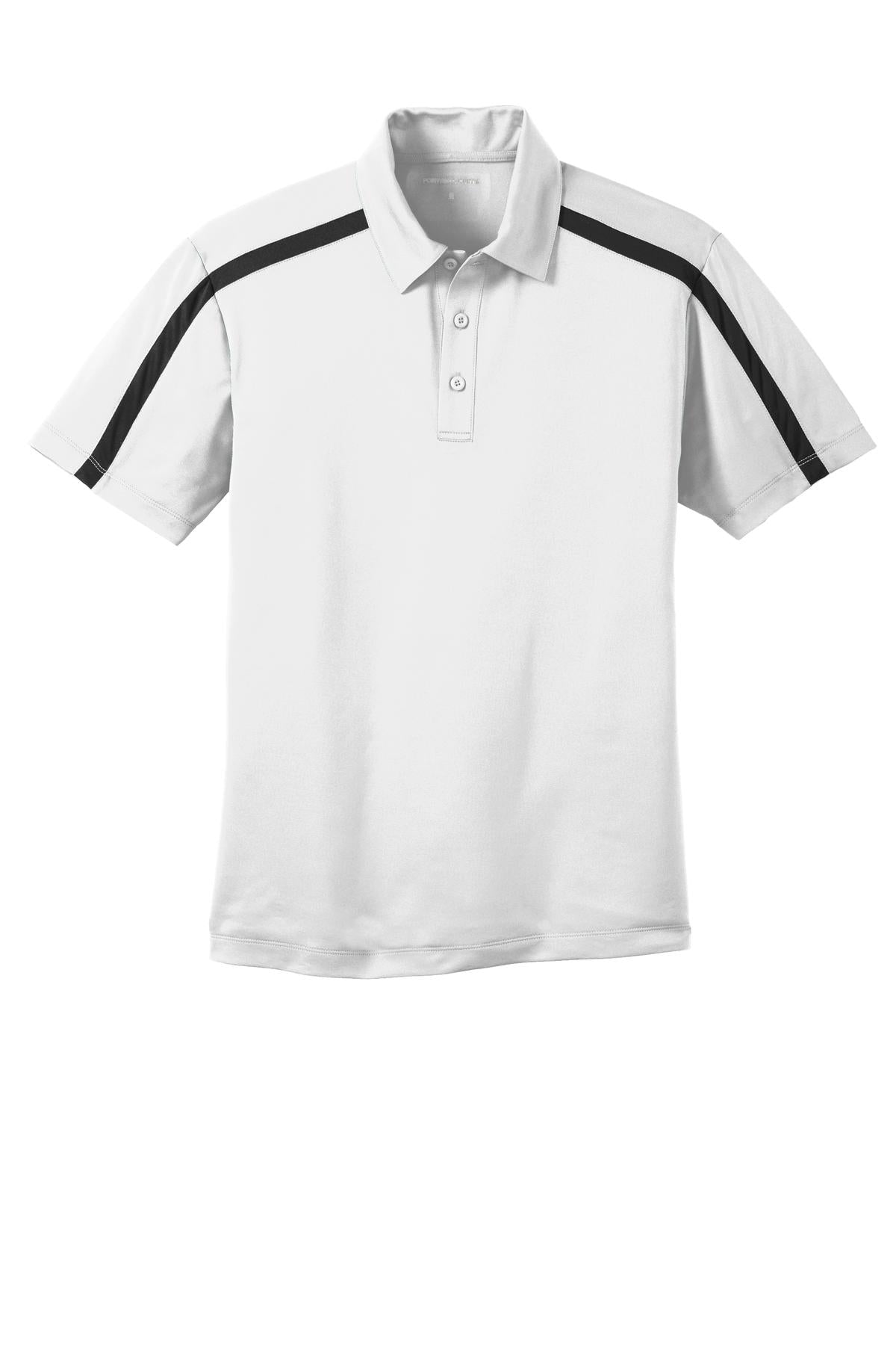 Front View of White/Black Port Authority Silk Touch Performance Colorblock Stripe Polo. K547