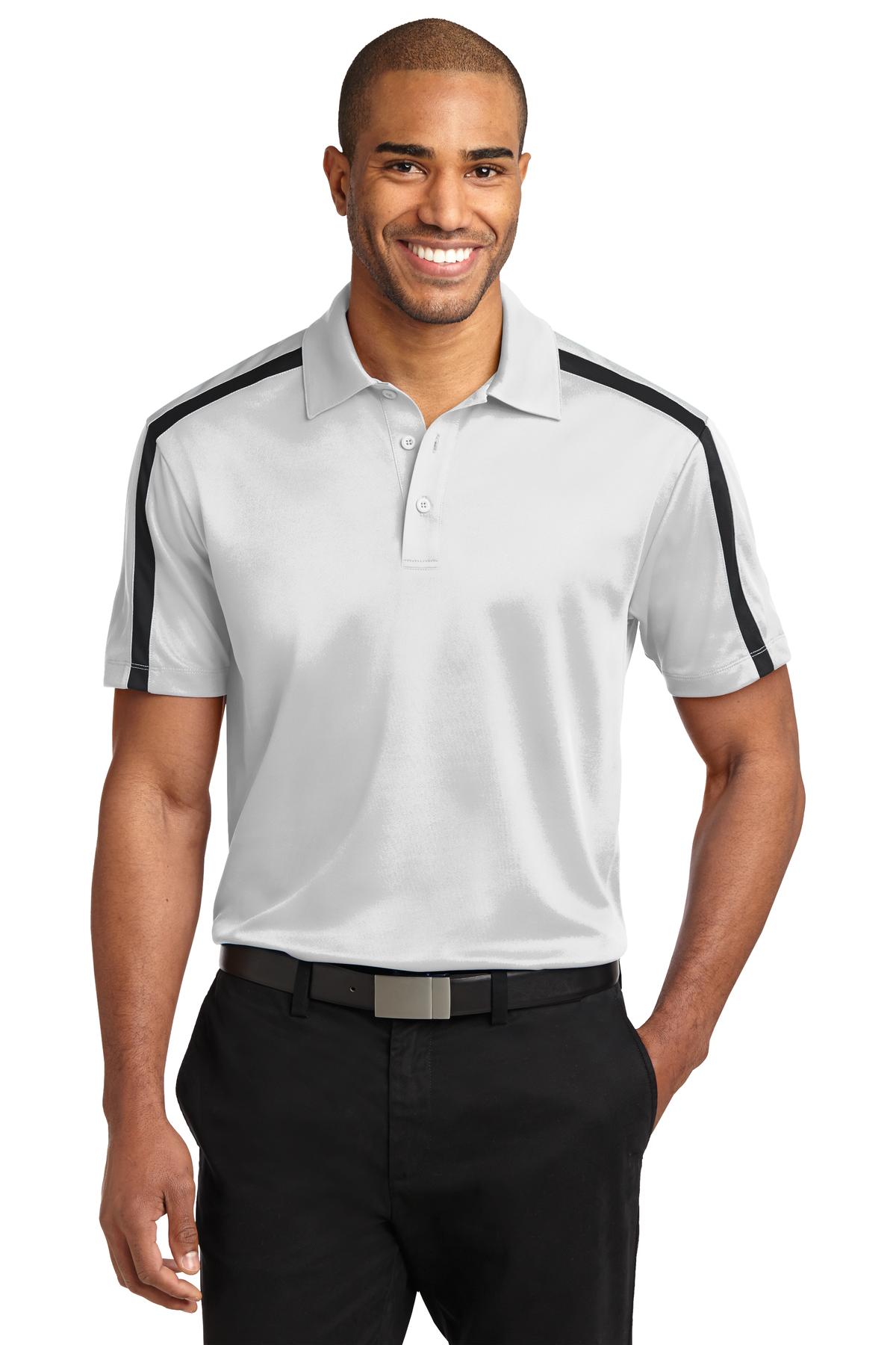 Front View of White/Black Port Authority Silk Touch Performance Colorblock Stripe Polo. K547