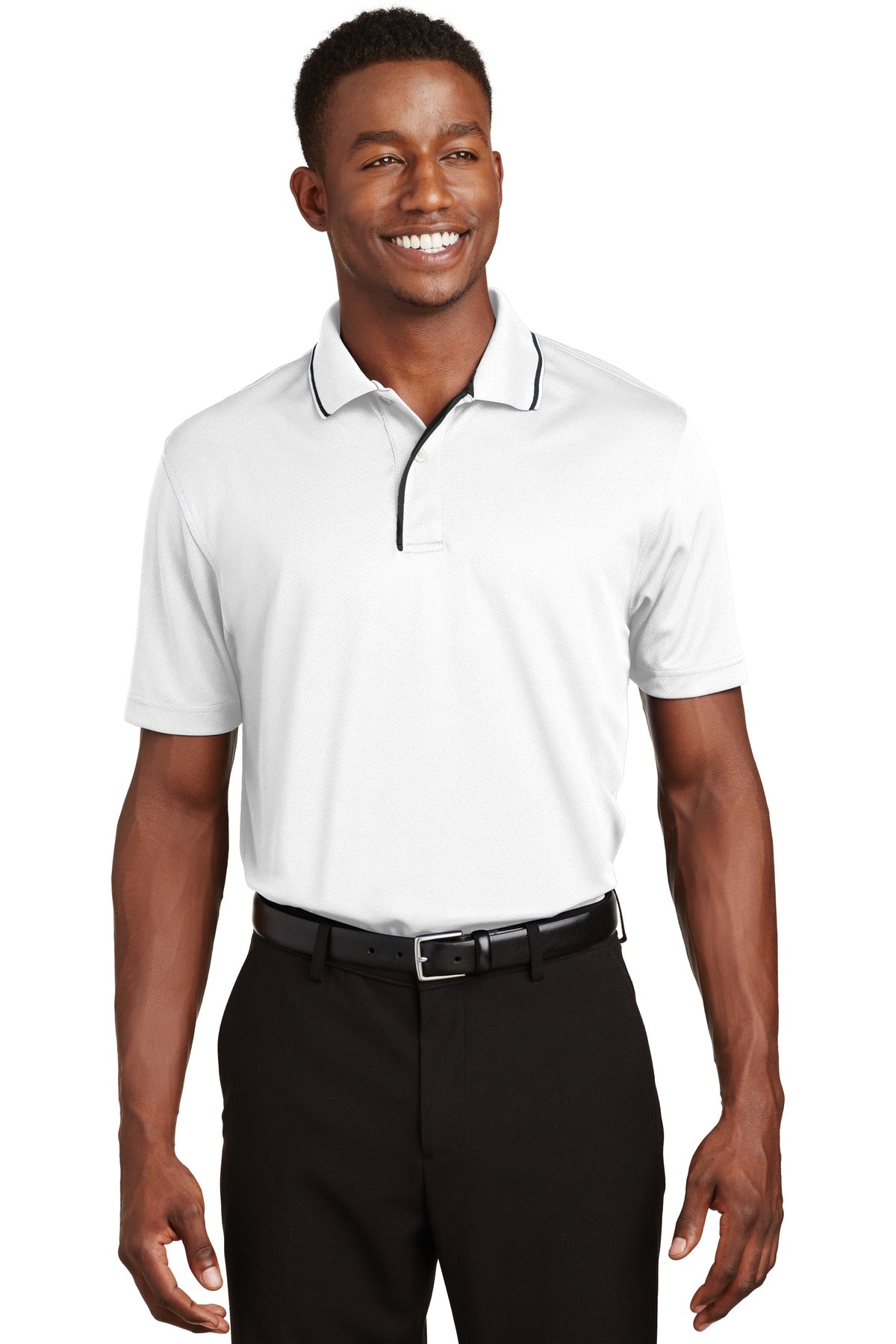 Front View of White/Black Sport-Tek Dri-Mesh Polo with Tipped Collar and Piping. K467