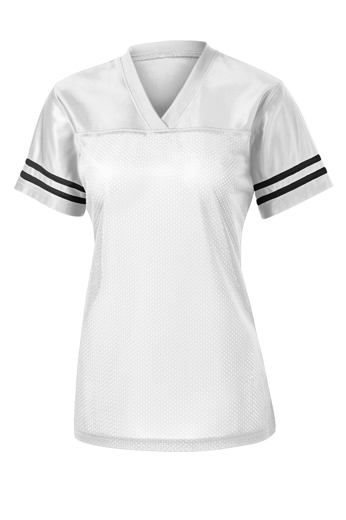 Front View of White/Black Sport-Tek Women's PosiCharge Replica Jersey. LST307