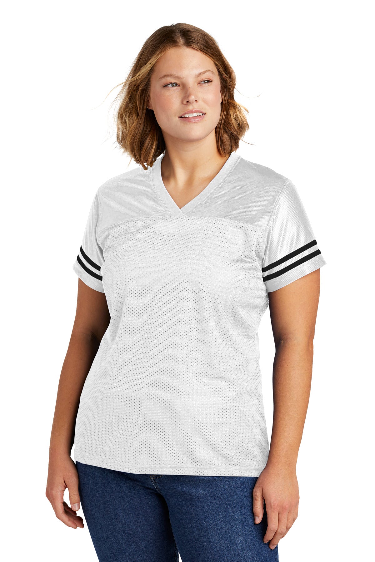 Front View of White/Black Sport-Tek Women's PosiCharge Replica Jersey. LST307