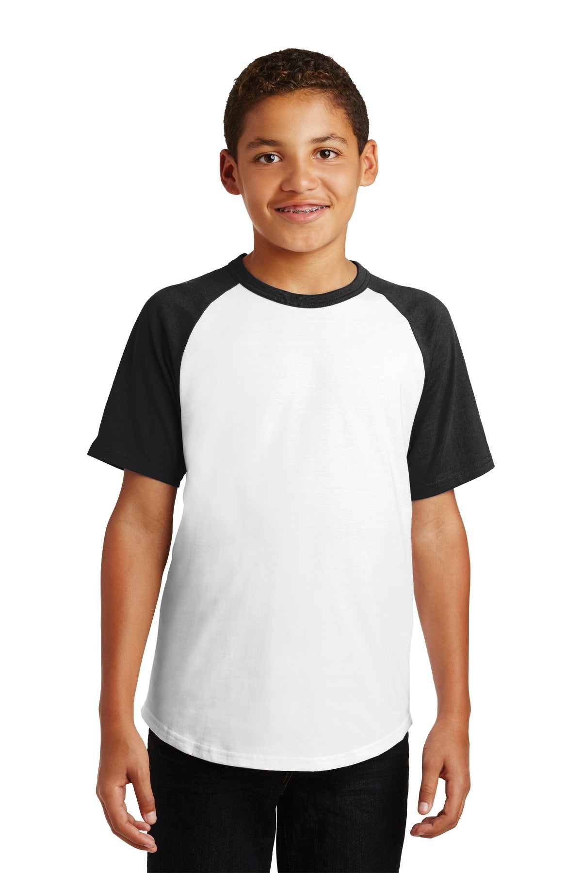 Front View of White/Black Sport-Tek Youth Short Sleeve Colorblock Raglan Jersey. YT201