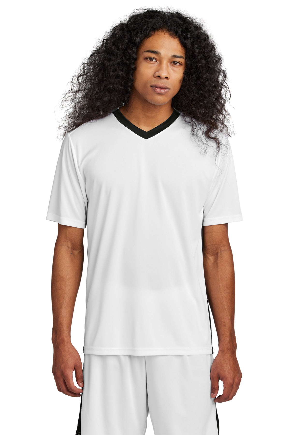 Front View of White/Blk Sport-Tek Competitor United V-Neck ST101