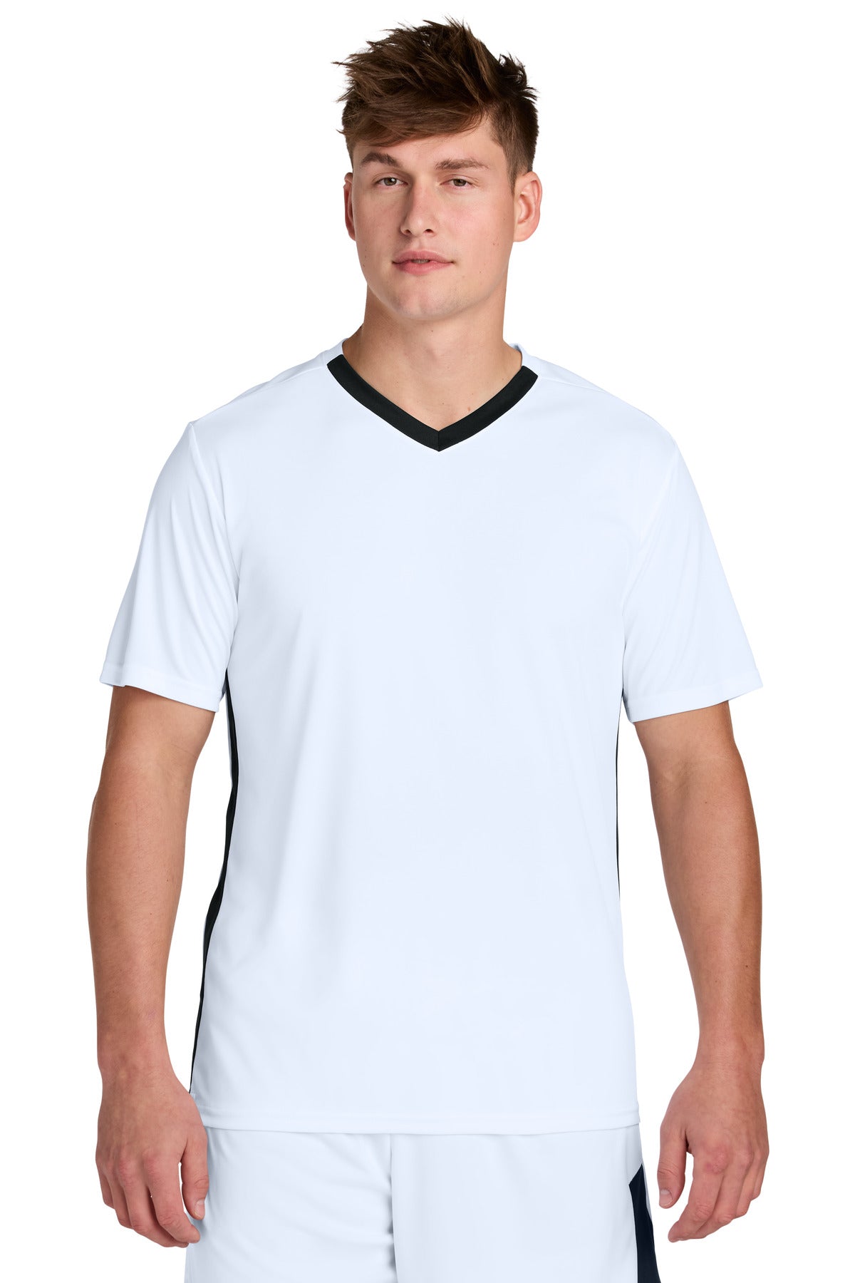 Front View of White/Blk Sport-Tek Competitor United V-Neck ST101