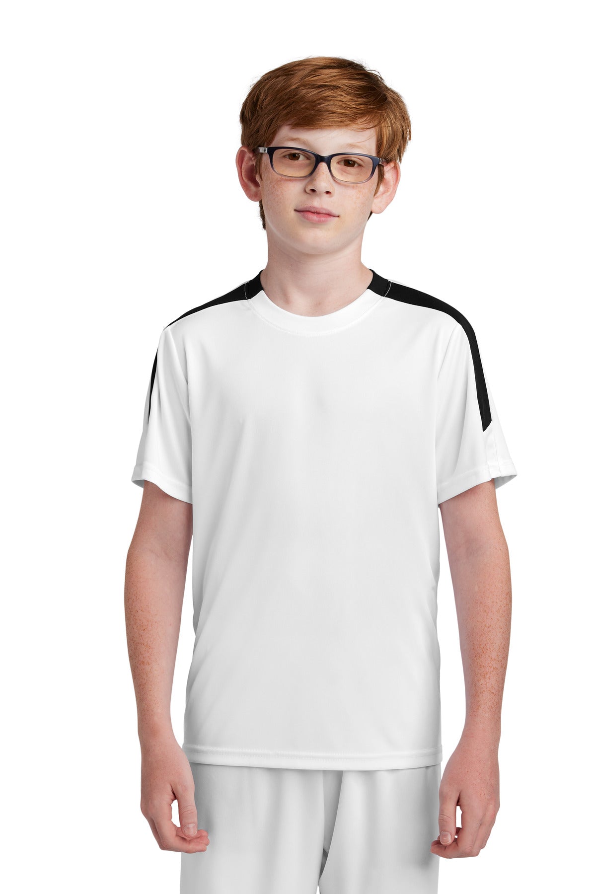 Front View of White/Blk Sport-Tek Youth Competitor United Crew YST100