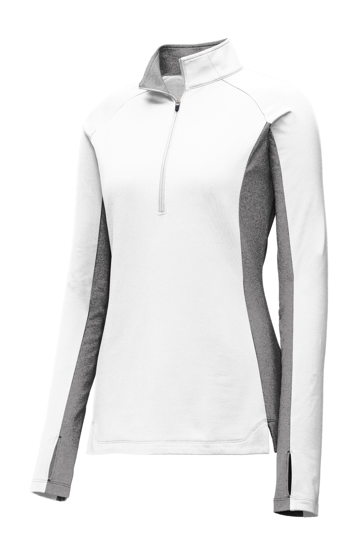Front View of White/Ch Gy He Sport-Tek Women's Sport-Wick Stretch Contrast 1/4-Zip Pullover. LST854
