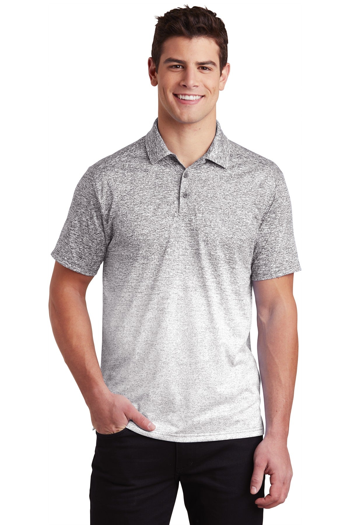 Front View of White/Graphite Sport-Tek Ombre Heather Polo. ST671