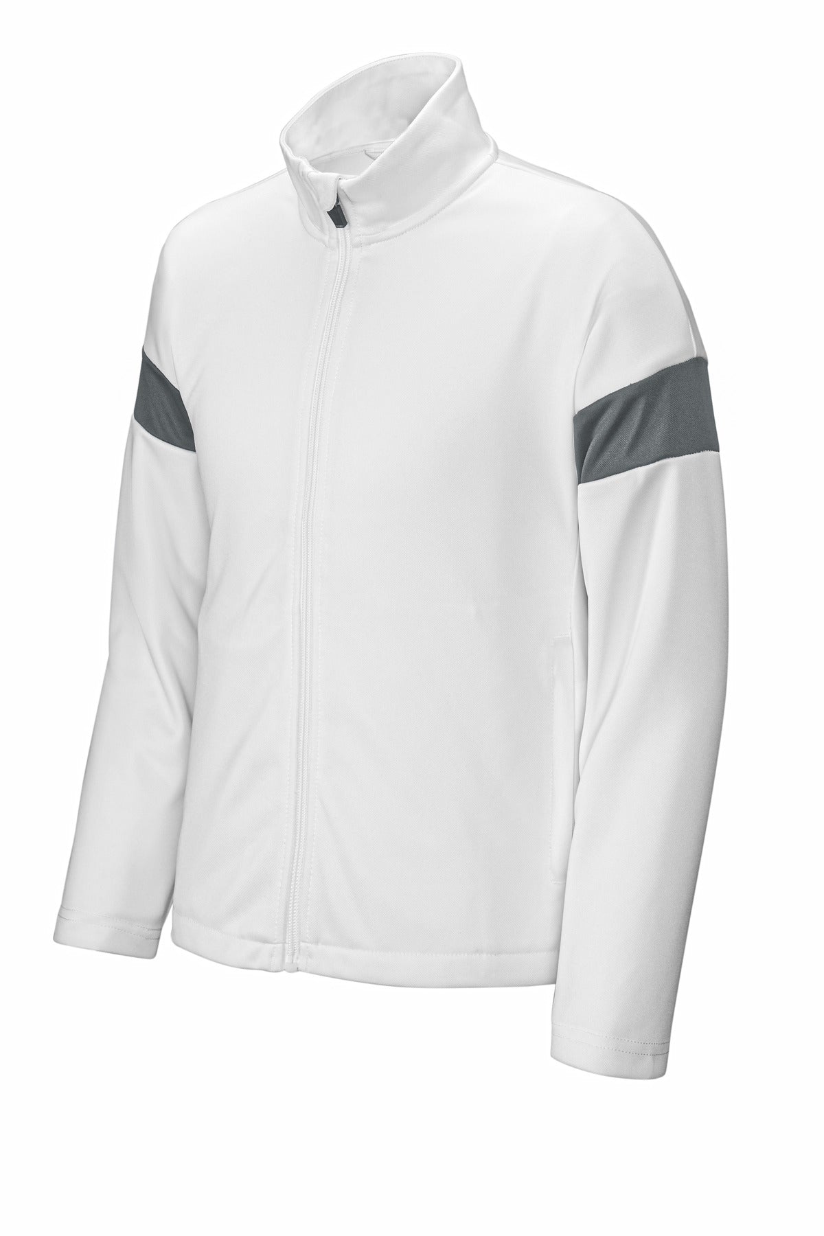 Front View of White/IrGy Sport-Tek Youth Travel Full-Zip Jacket YST800