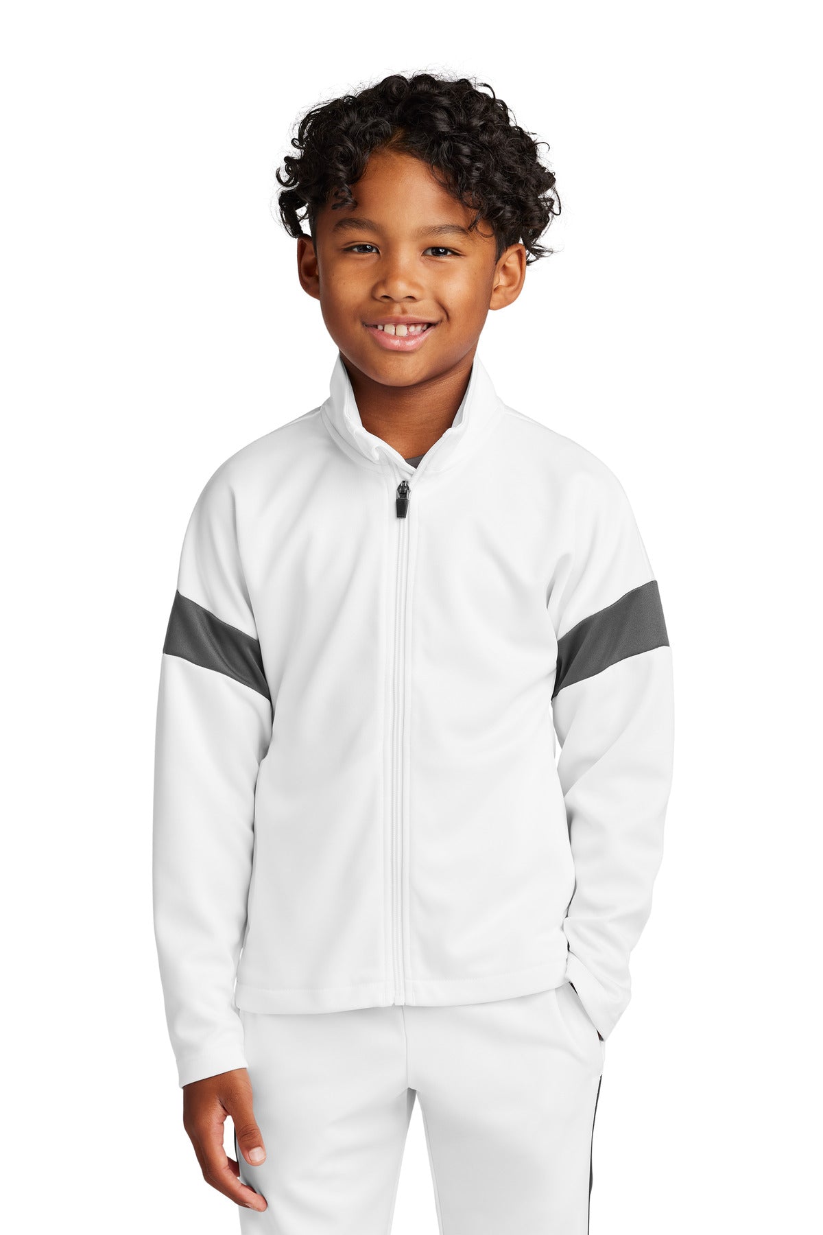 Front View of White/IrGy Sport-Tek Youth Travel Full-Zip Jacket YST800