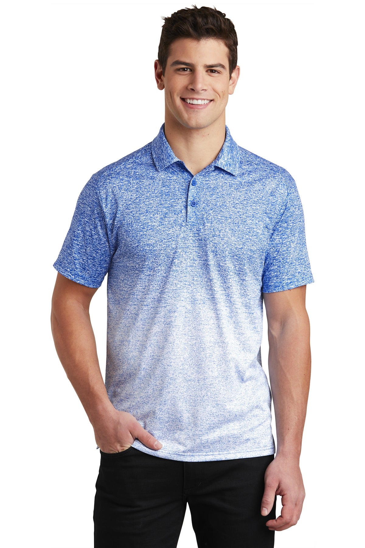 Front View of White/Tr Royal Sport-Tek Ombre Heather Polo. ST671