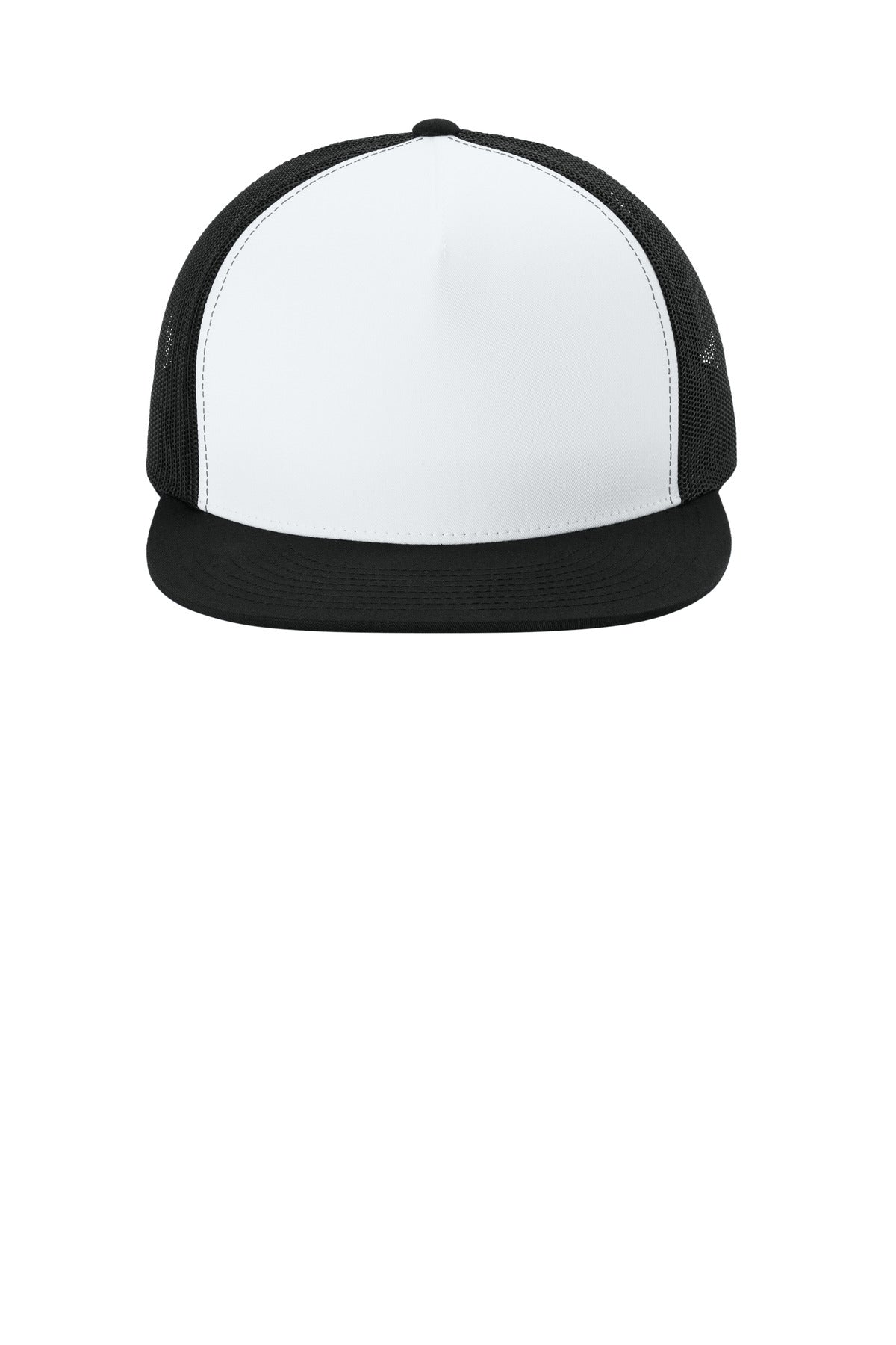 Front View of Wht/Bk/Bk Sport-Tek YP Classics 5-Panel Classic Trucker Mesh Back Cap. STC38
