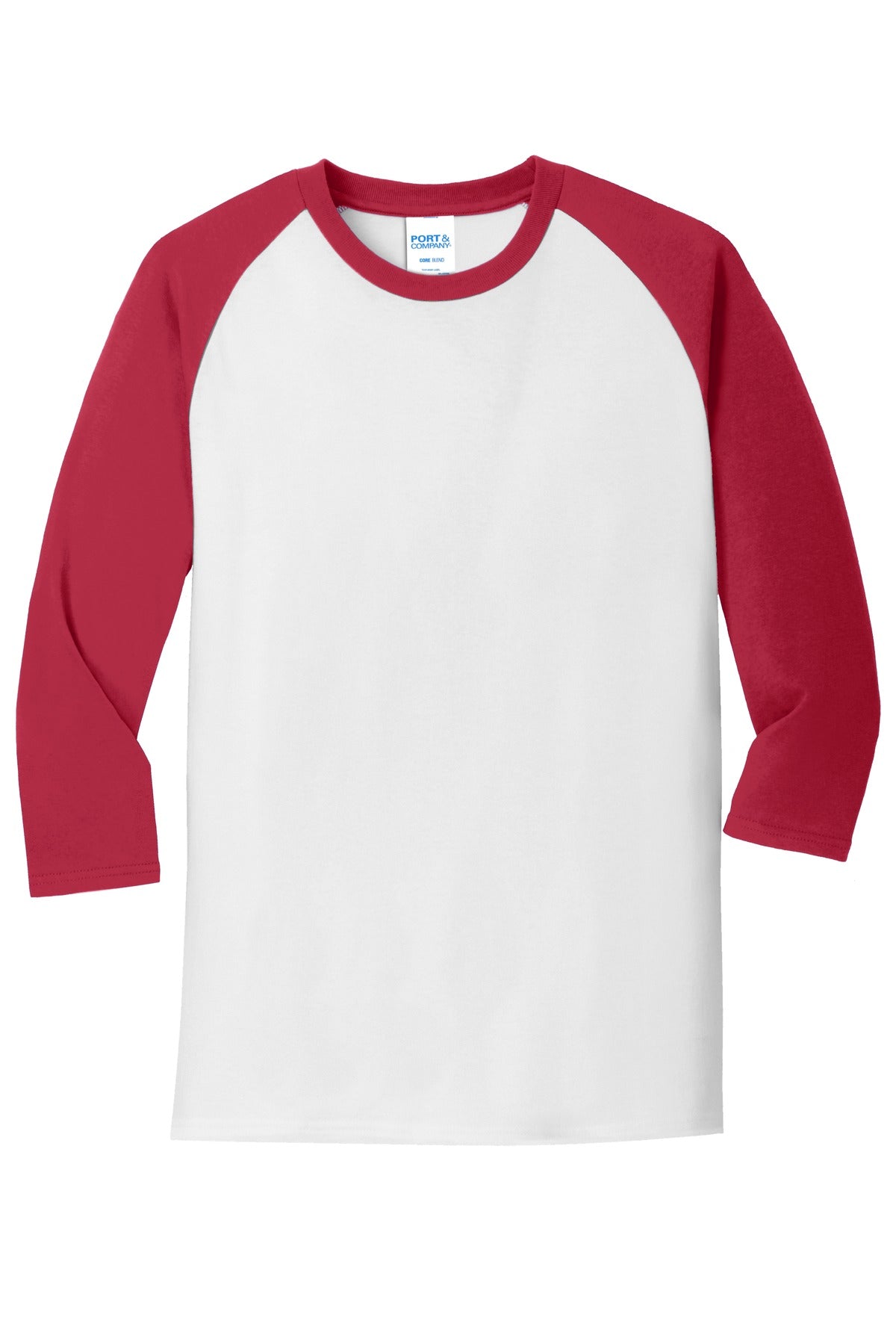 Front View of Wht/Red Port & Company Core Blend 3/4-Sleeve Raglan Tee. PC55RS