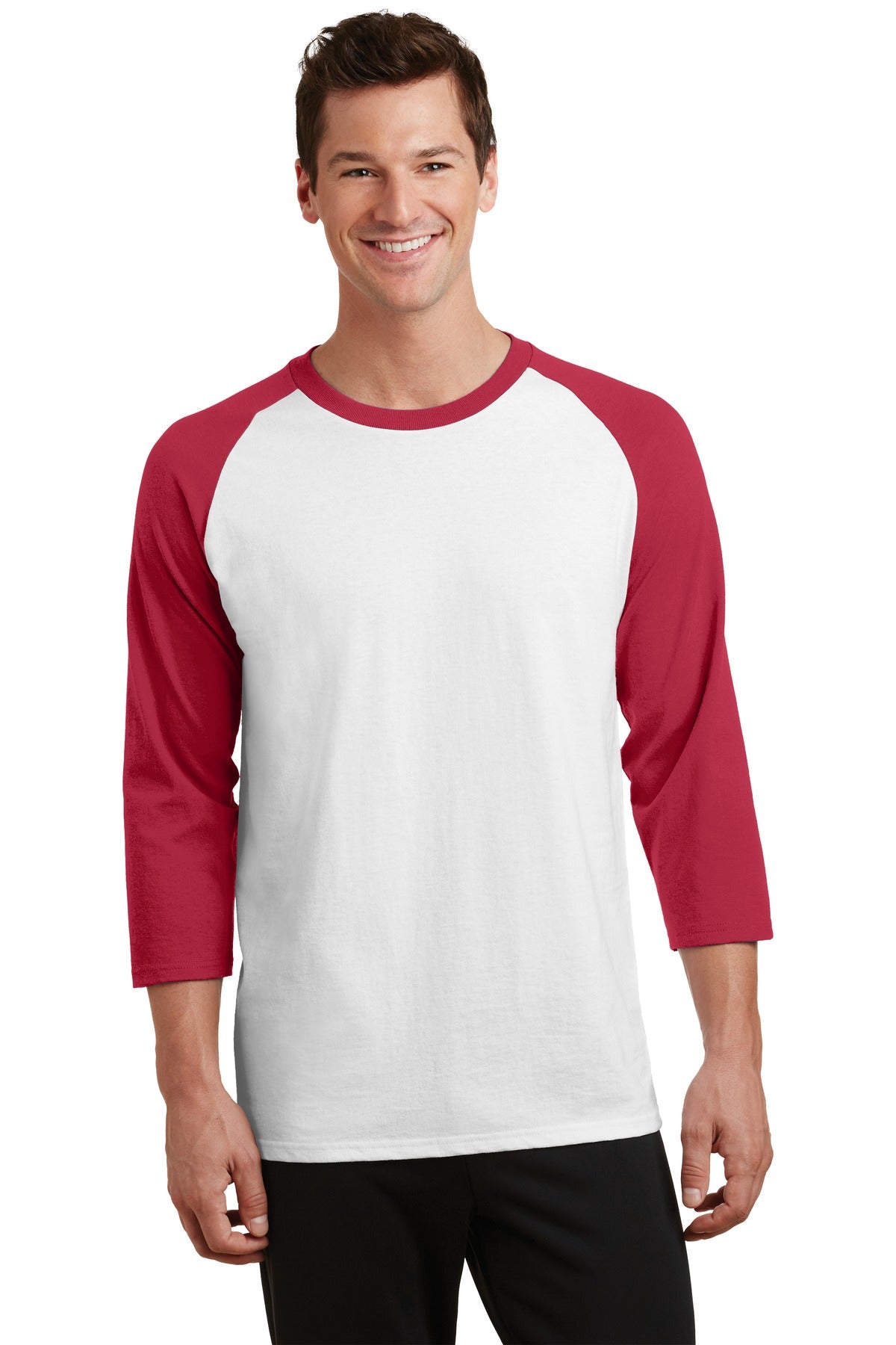 Front View of Wht/Red Port & Company Core Blend 3/4-Sleeve Raglan Tee. PC55RS