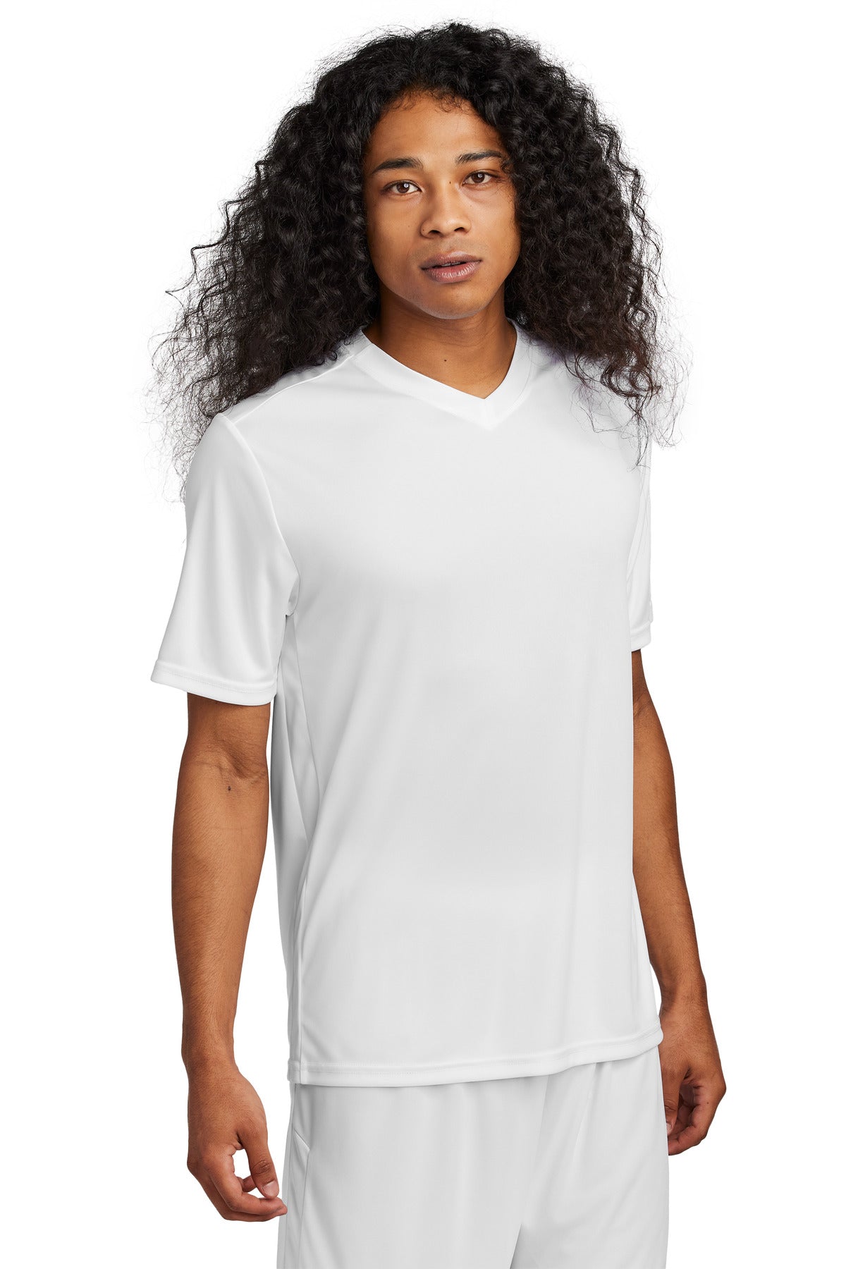 Front View of Wht/Wht Sport-Tek Competitor United V-Neck ST101