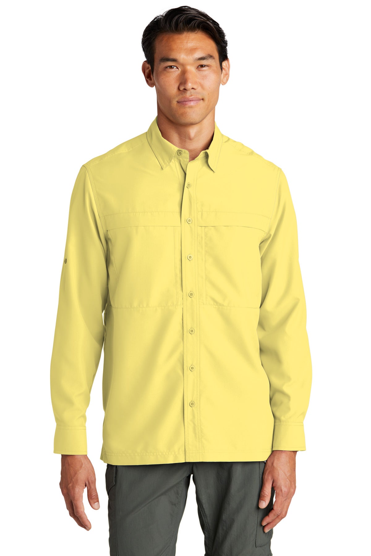 Front View of Yellow Port Authority Long Sleeve UV Daybreak Shirt W960