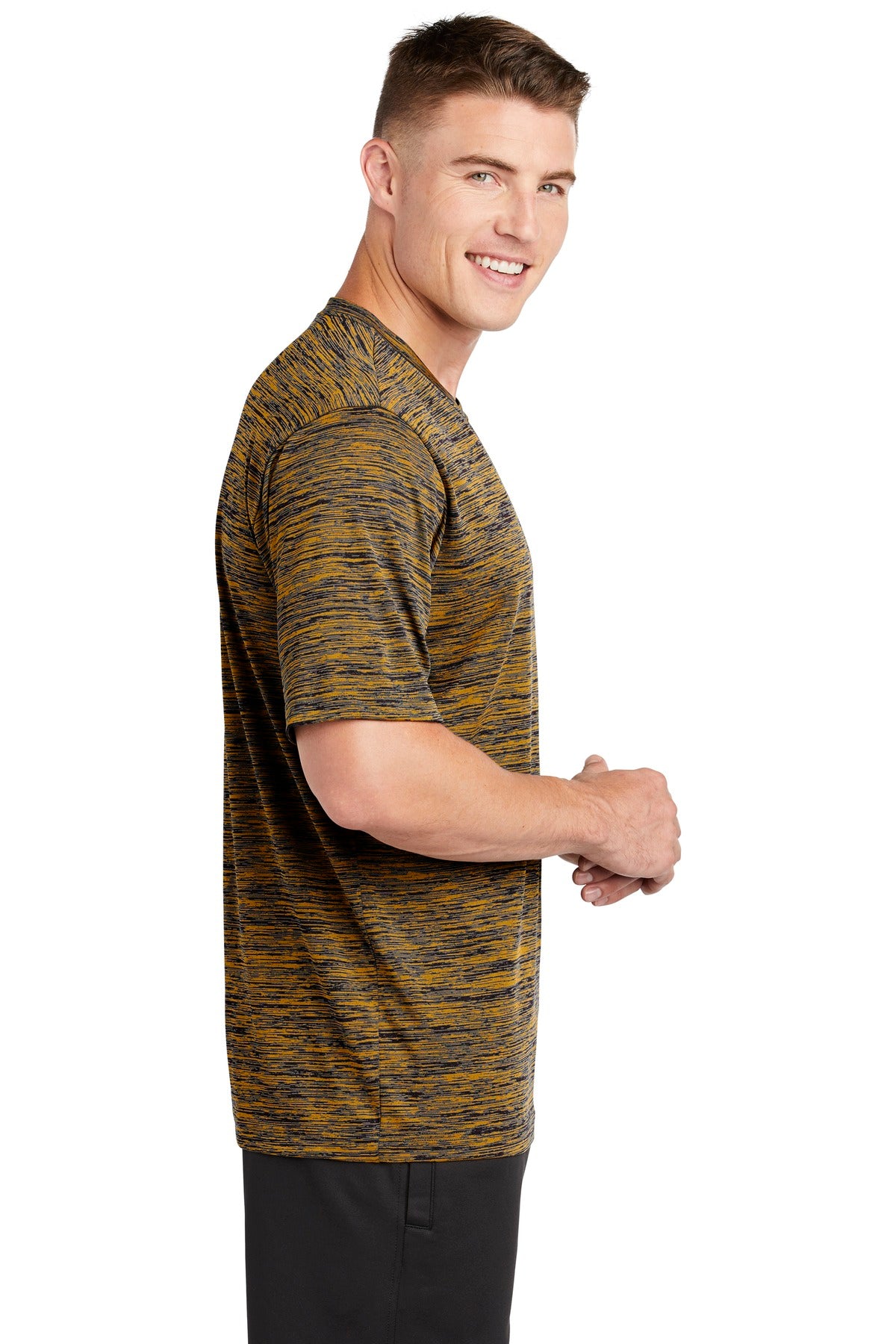 Gold-Black Ele Sport-Tek PosiCharge Electric Heather Tee. ST390
