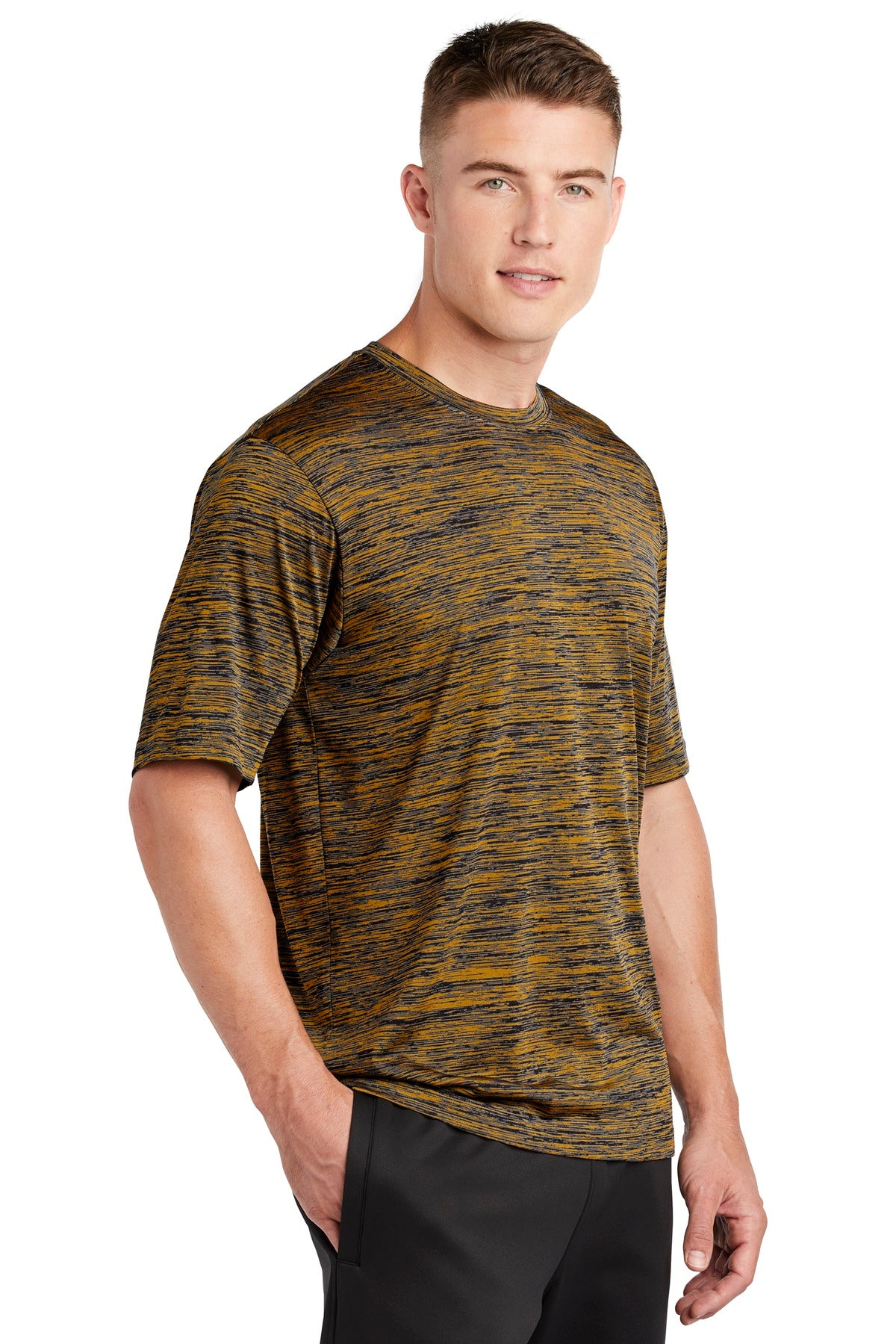 Gold-Black Ele Sport-Tek PosiCharge Electric Heather Tee. ST390