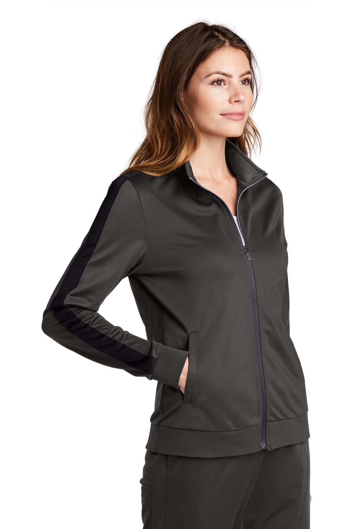 Graph Grey/Blk Sport-Tek Ladies Tricot Sleeve Stripe Track Jacket. LST94