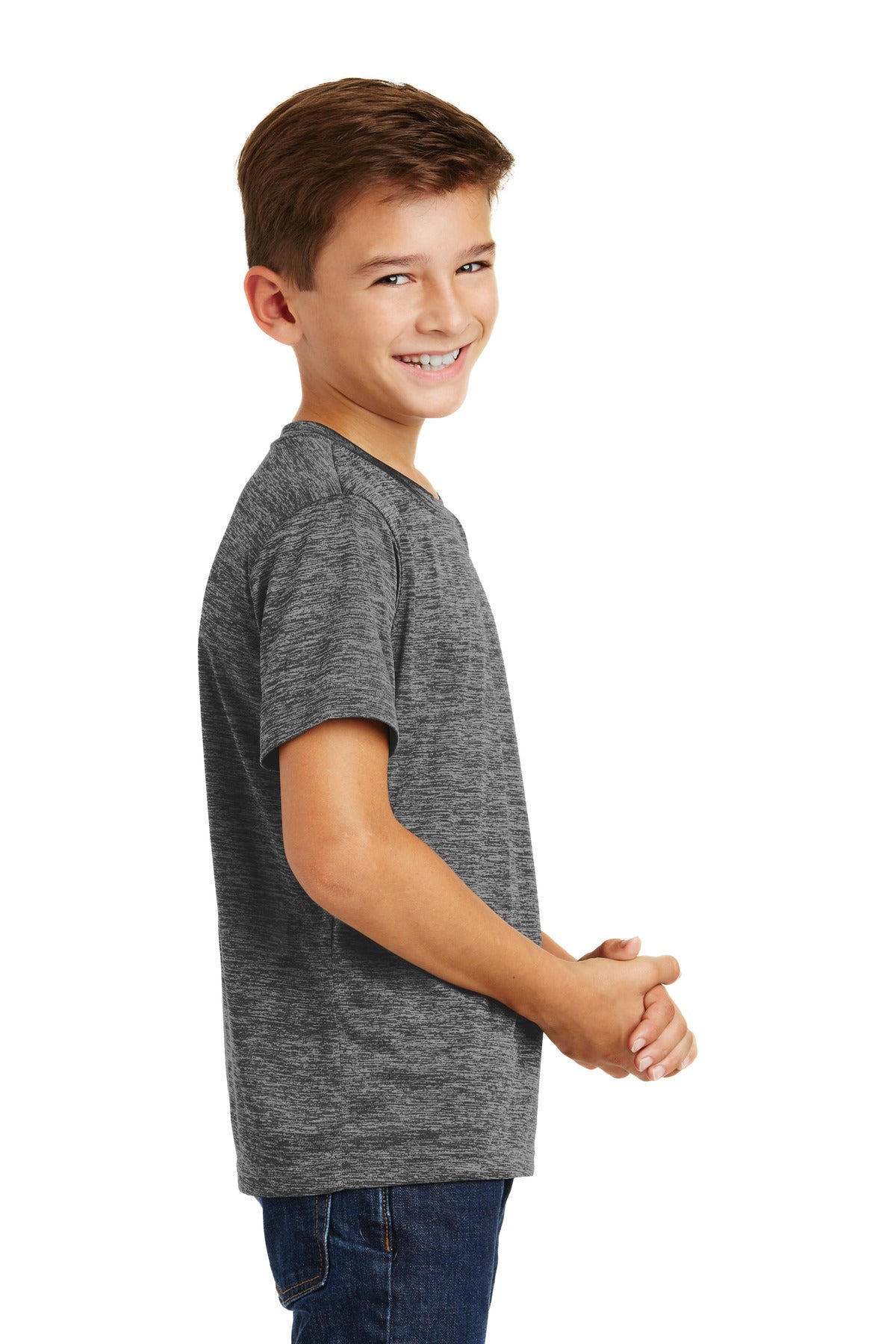 Grey Black Ele Sport-Tek Youth PosiCharge Electric Heather Tee. YST390