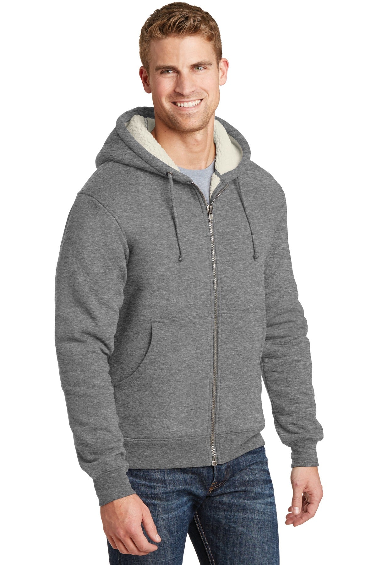 Grey CornerStone Heavyweight Sherpa-Lined Hooded Fleece Jacket. CS625