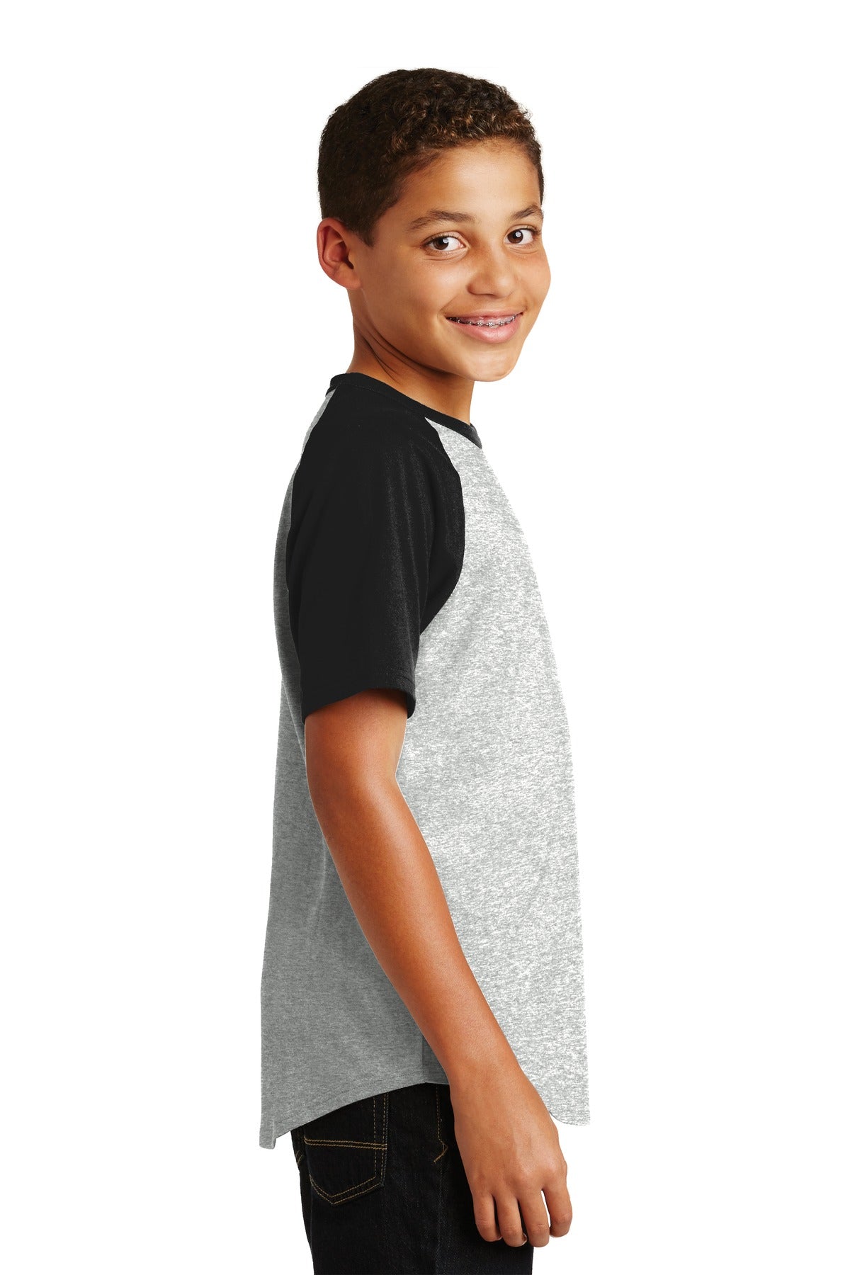 Grey He/Black Sport-Tek Youth Short Sleeve Colorblock Raglan Jersey. YT201