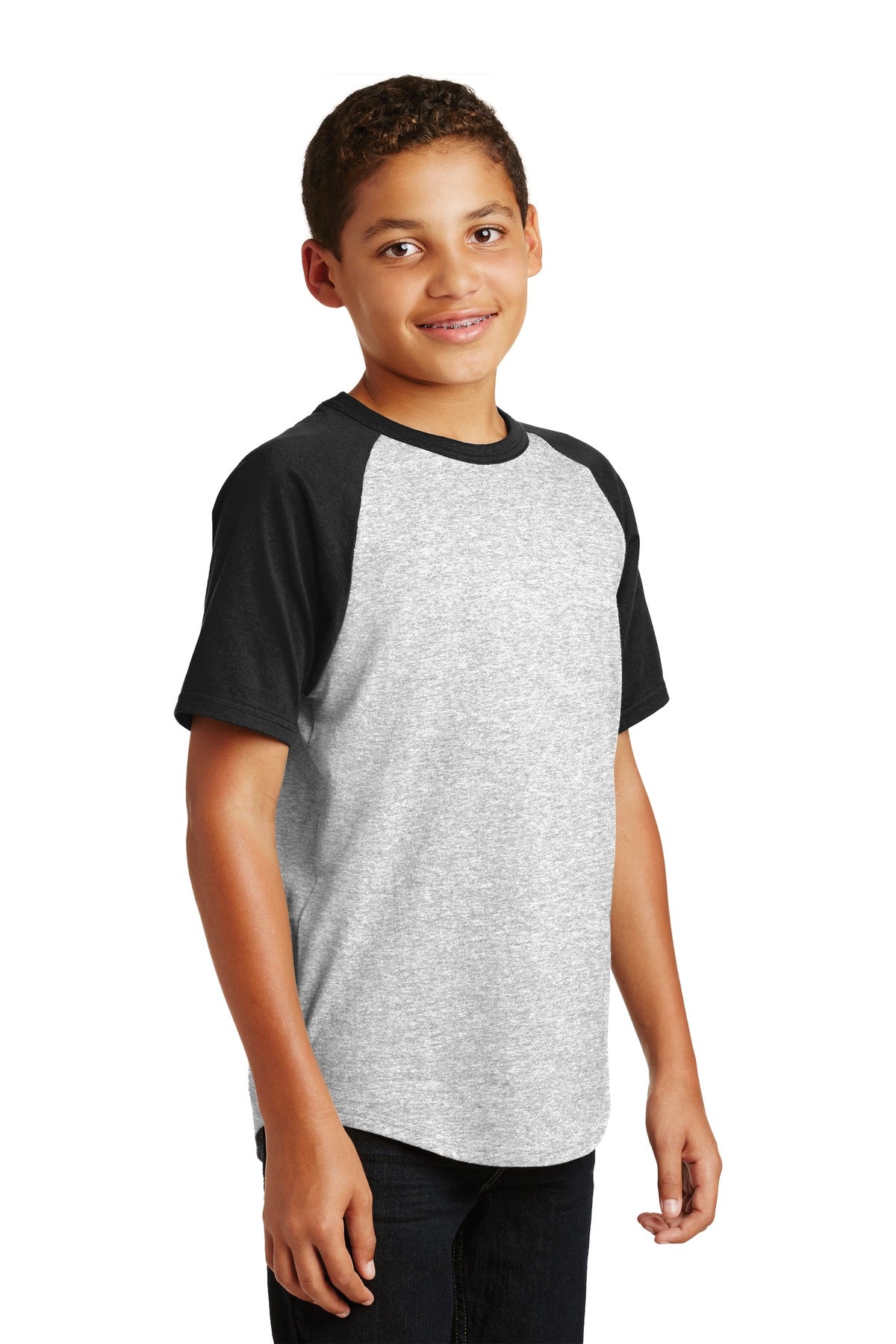 Grey He/Black Sport-Tek Youth Short Sleeve Colorblock Raglan Jersey. YT201