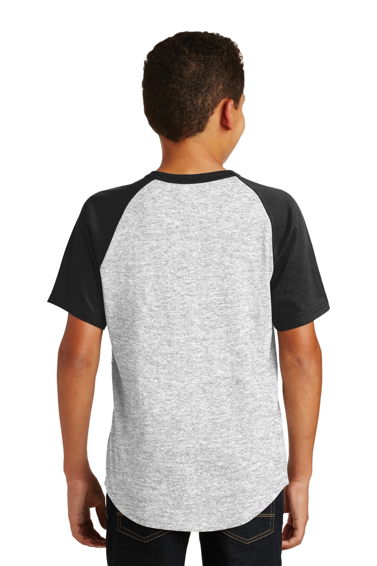 Grey He/Black Sport-Tek Youth Short Sleeve Colorblock Raglan Jersey. YT201