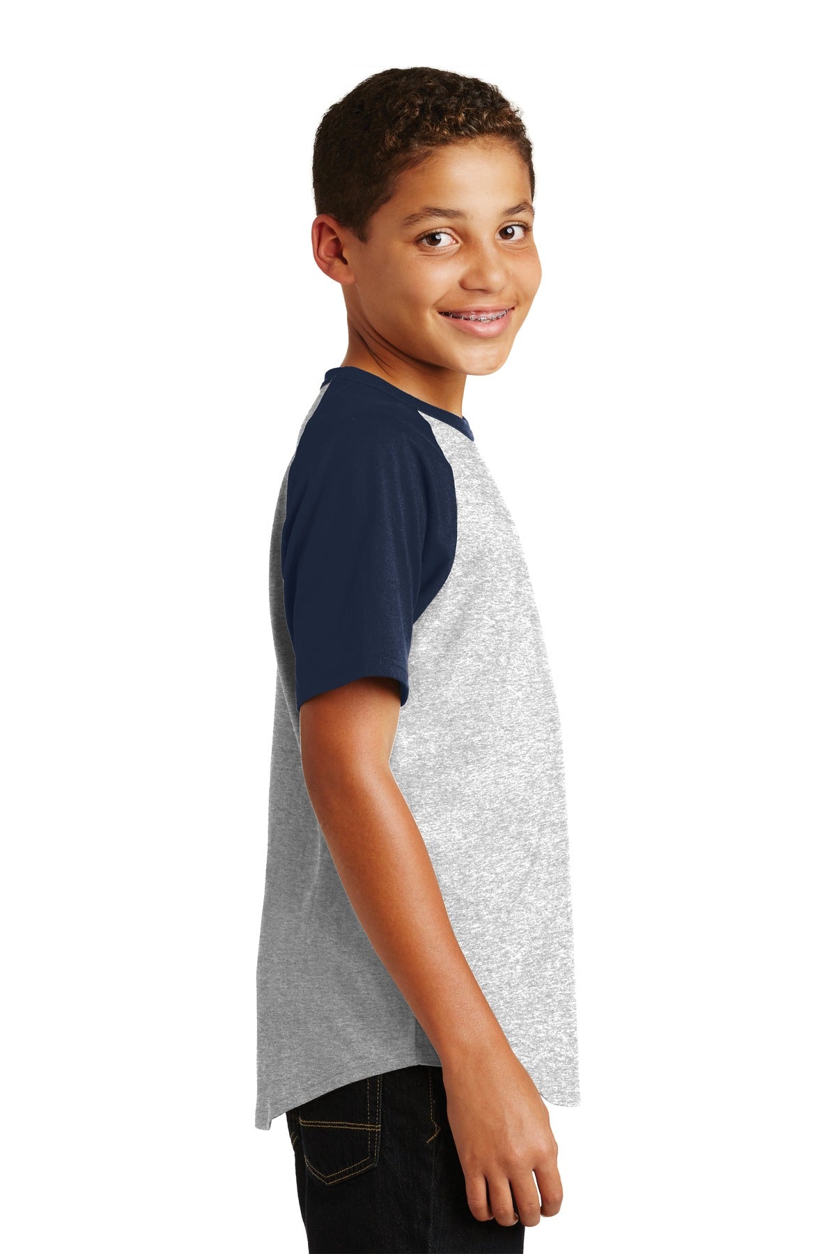 Grey He/Navy Sport-Tek Youth Short Sleeve Colorblock Raglan Jersey. YT201