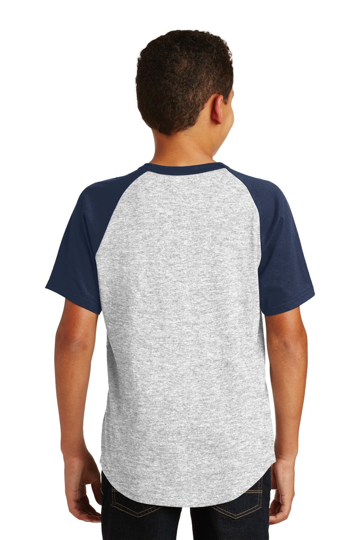 Grey He/Navy Sport-Tek Youth Short Sleeve Colorblock Raglan Jersey. YT201