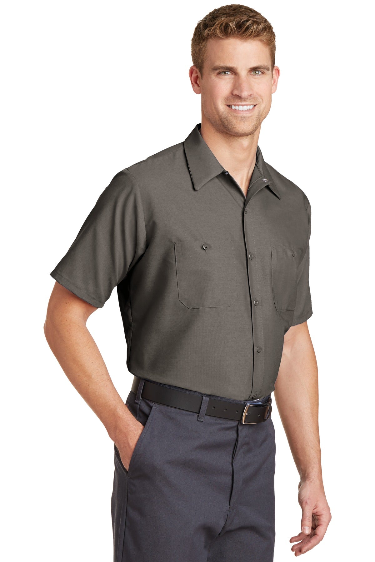 Grey Red Kap Long Size, Short Sleeve Industrial Work Shirt. SP24LONG