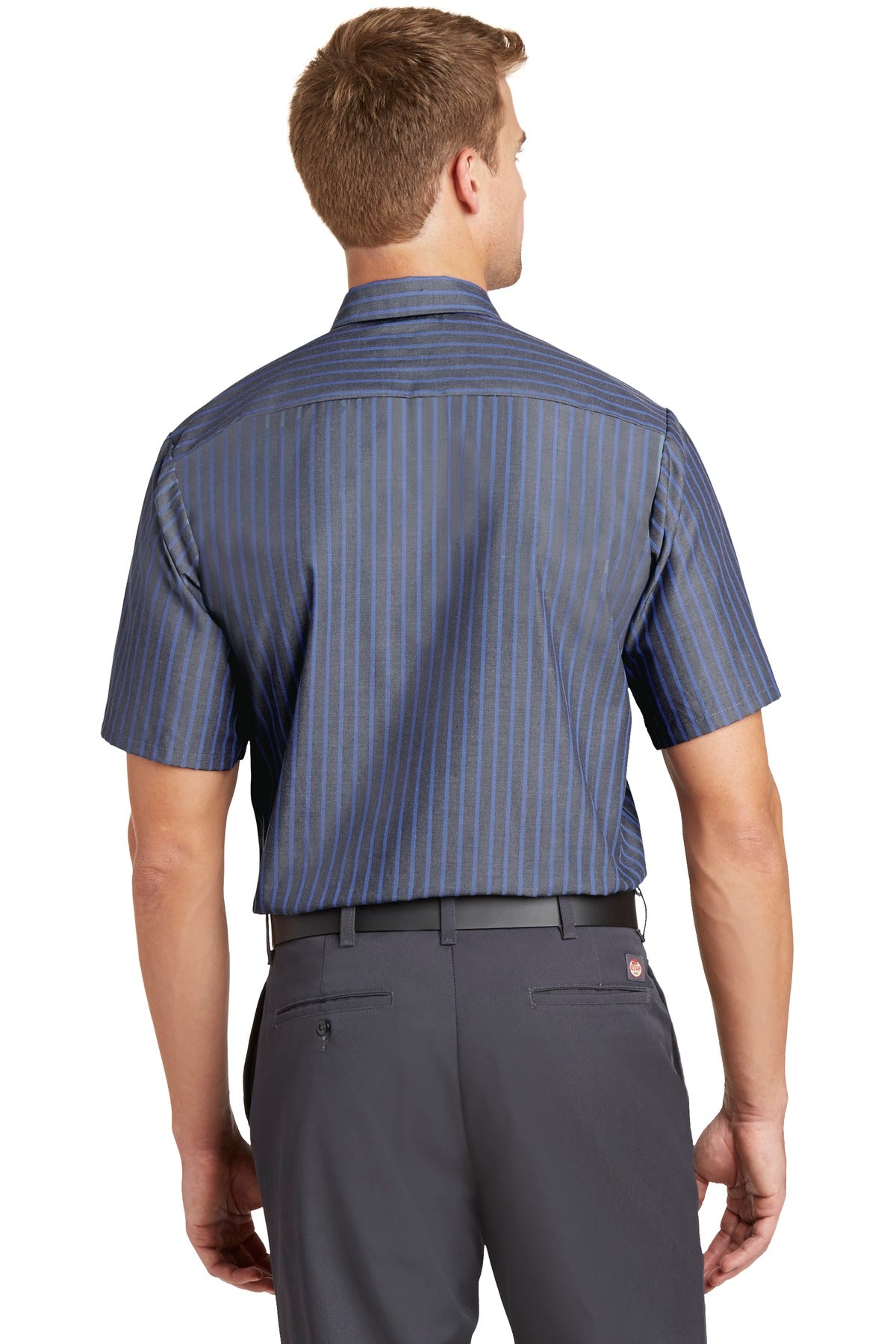 Grey/Blue Red Kap Short Sleeve Striped Industrial Work Shirt. CS20