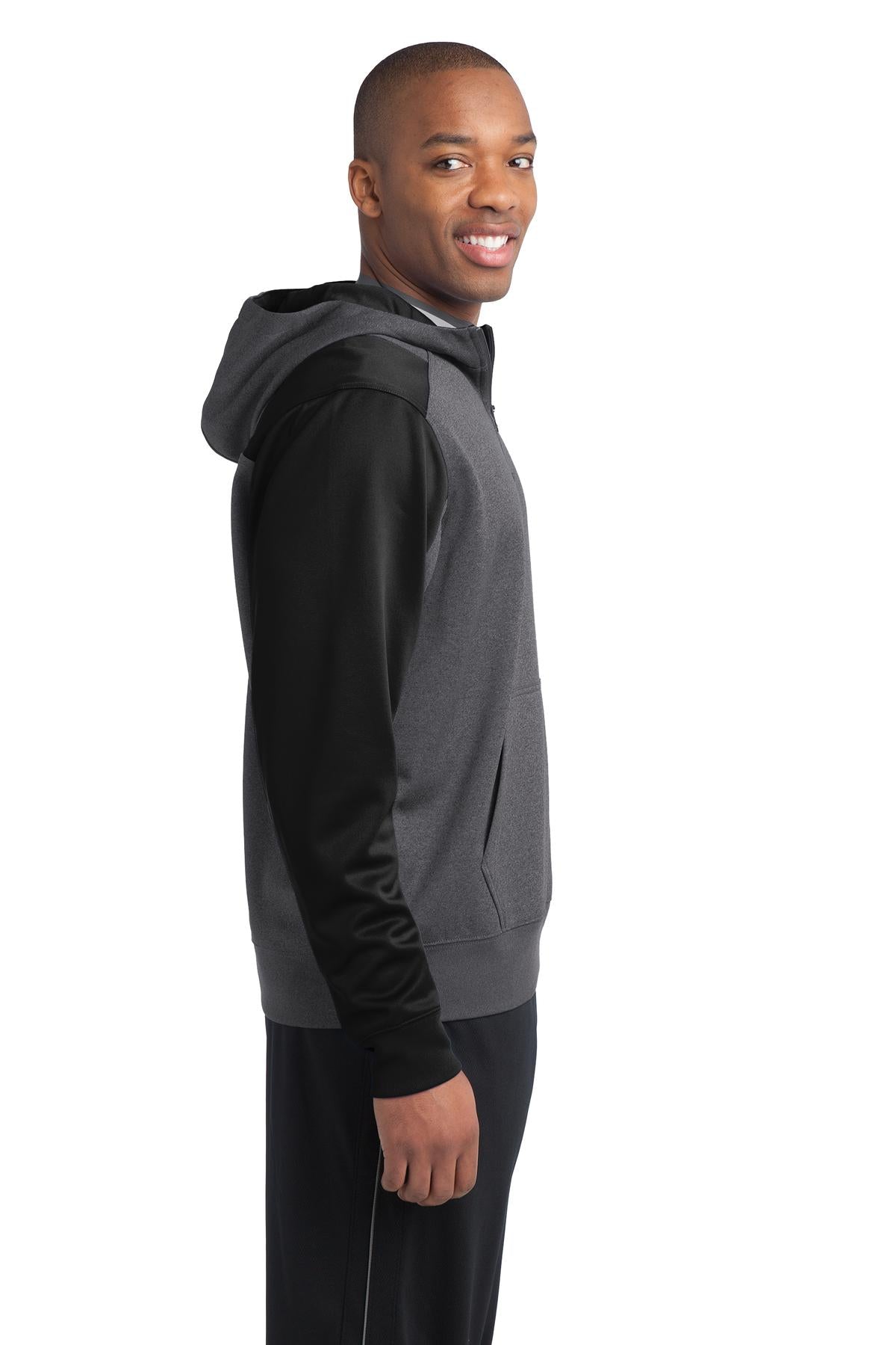 Grph Hea/Black Sport-Tek Tech Fleece Colorblock 1/4-Zip Hooded Sweatshirt. ST249