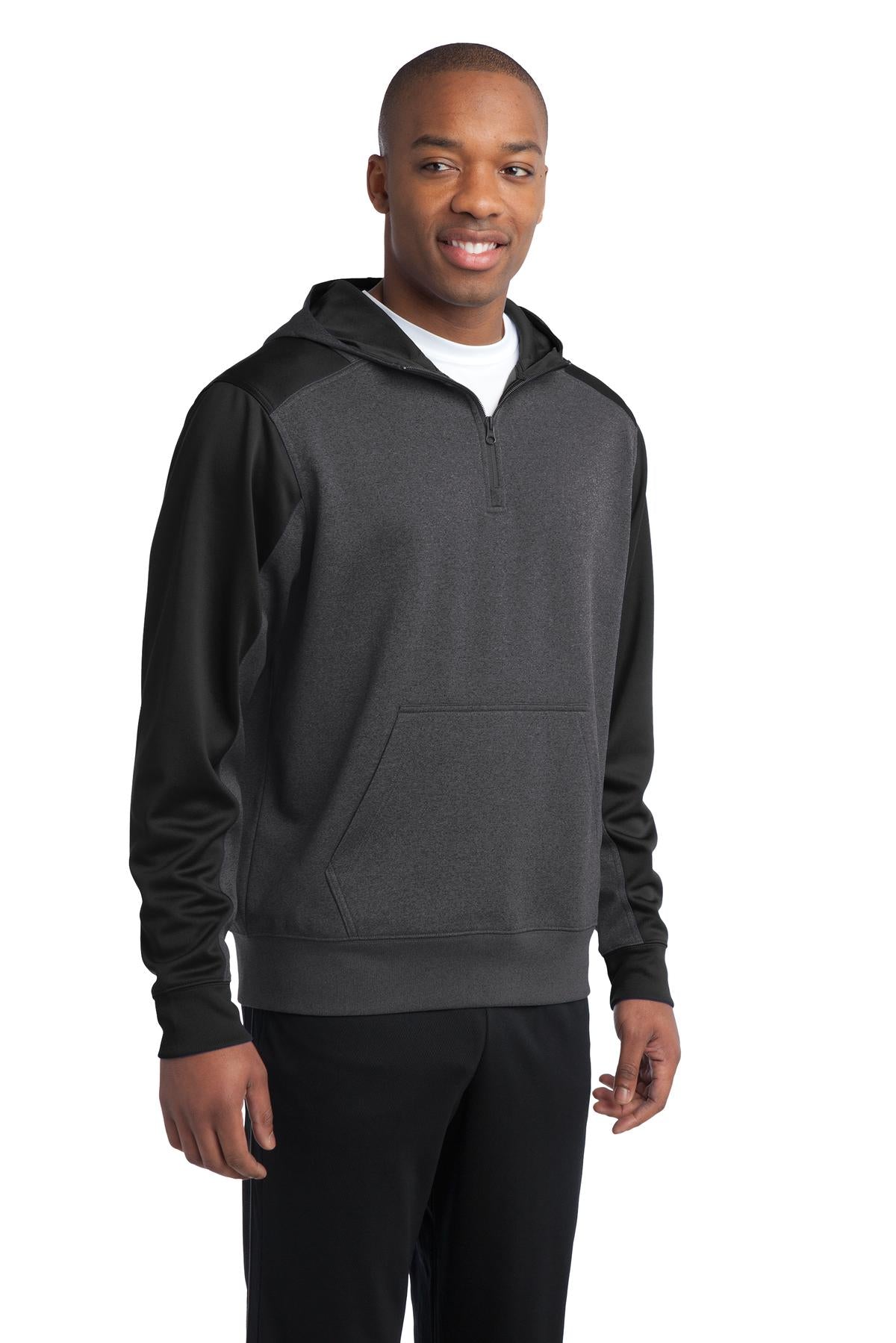 Grph Hea/Black Sport-Tek Tech Fleece Colorblock 1/4-Zip Hooded Sweatshirt. ST249
