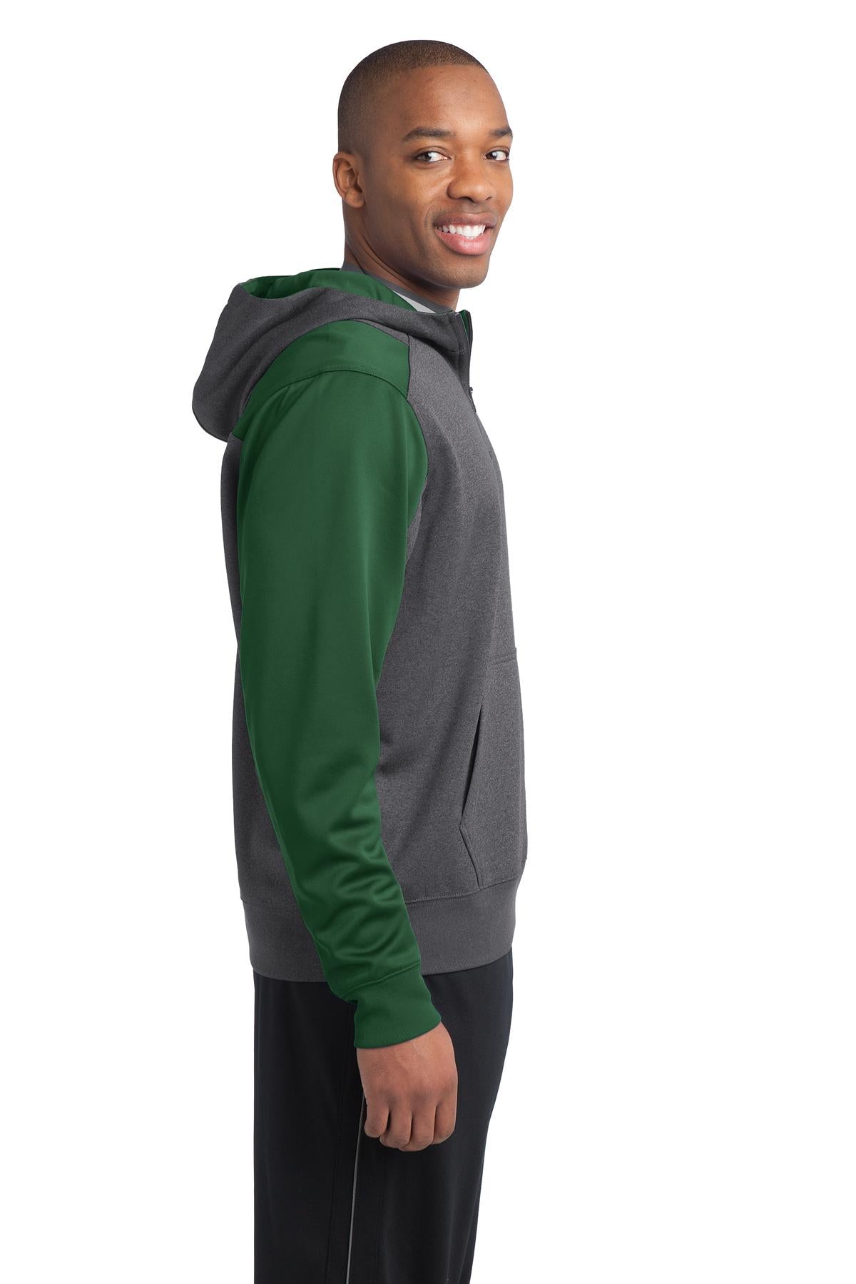Grph Hea/FoGrn Sport-Tek Tech Fleece Colorblock 1/4-Zip Hooded Sweatshirt. ST249
