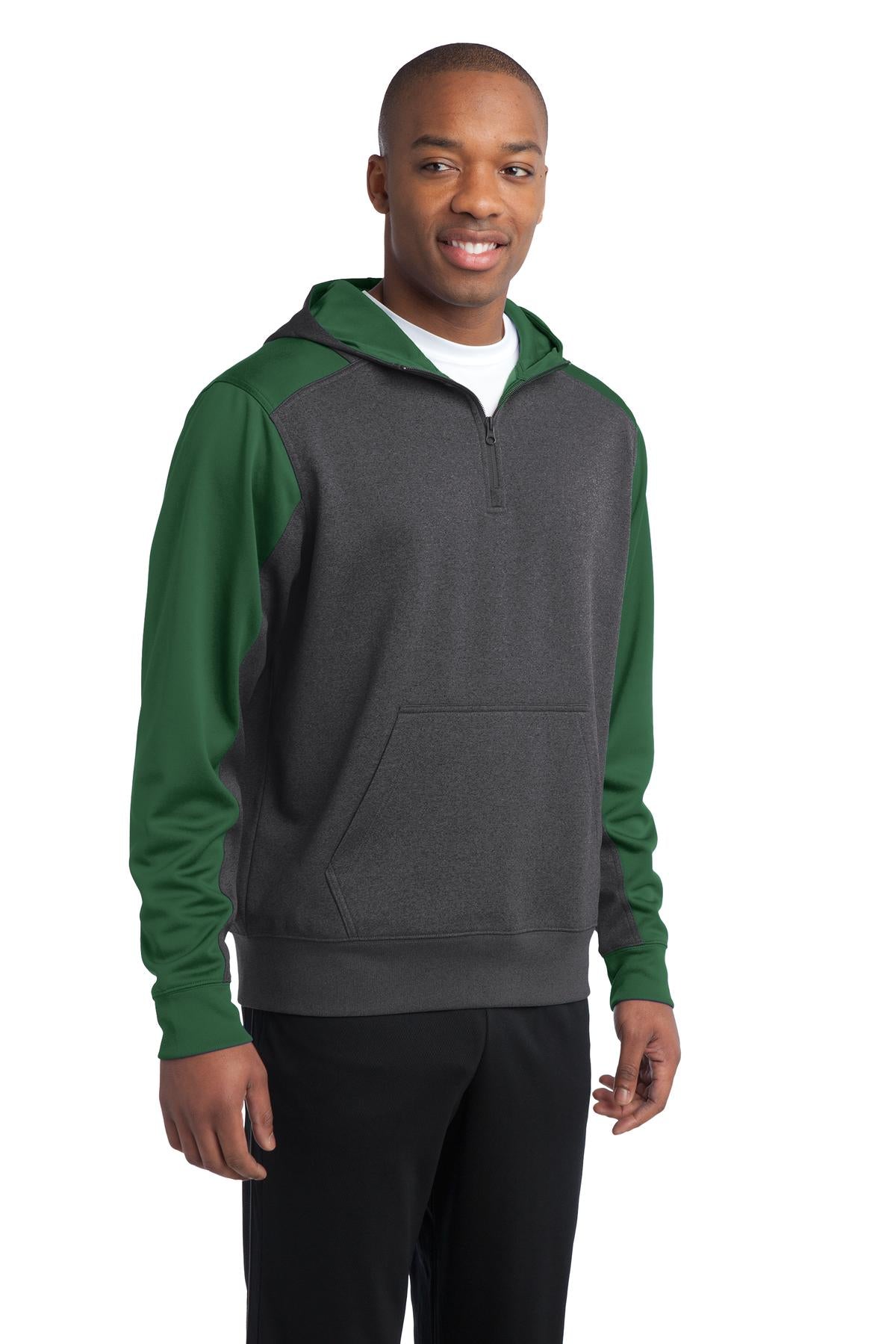 Grph Hea/FoGrn Sport-Tek Tech Fleece Colorblock 1/4-Zip Hooded Sweatshirt. ST249