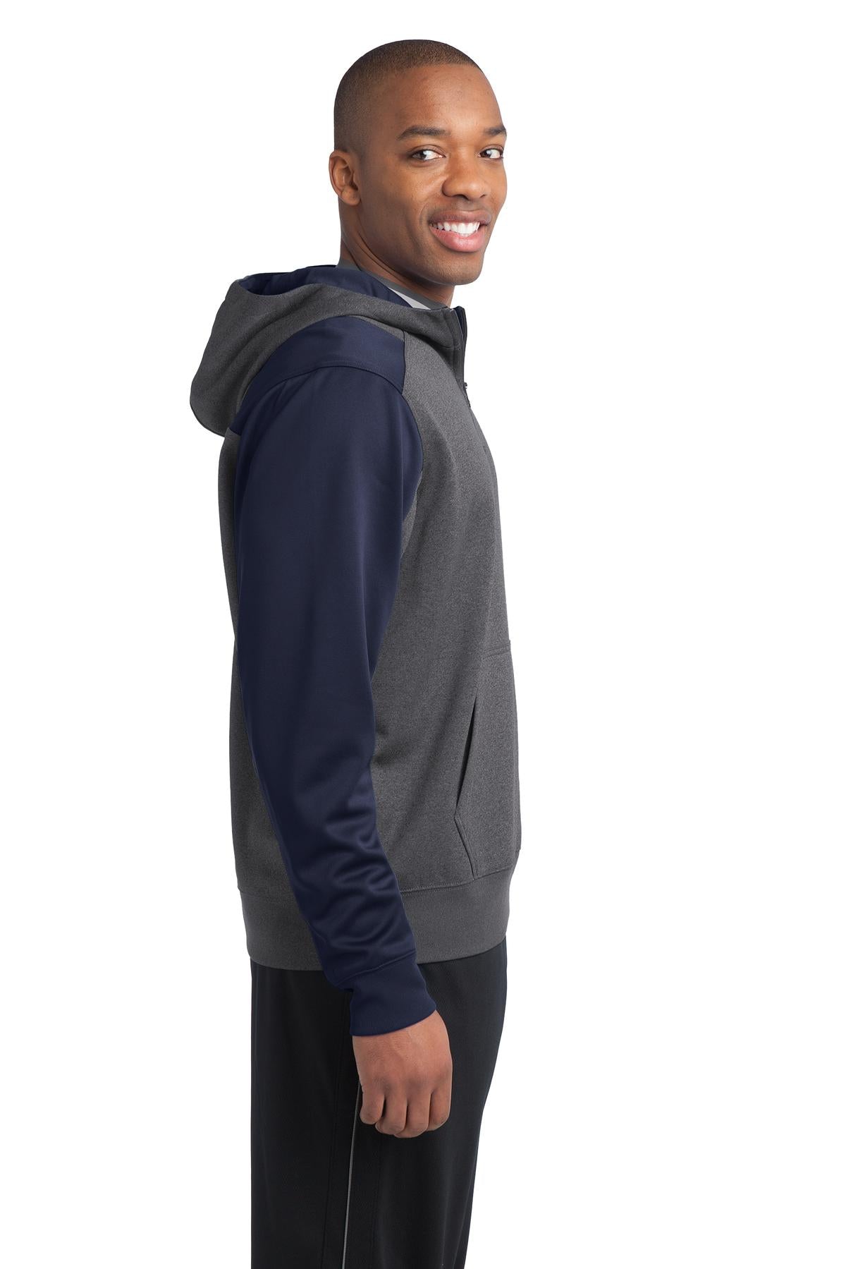 Grph Hea/TrNvy Sport-Tek Tech Fleece Colorblock 1/4-Zip Hooded Sweatshirt. ST249