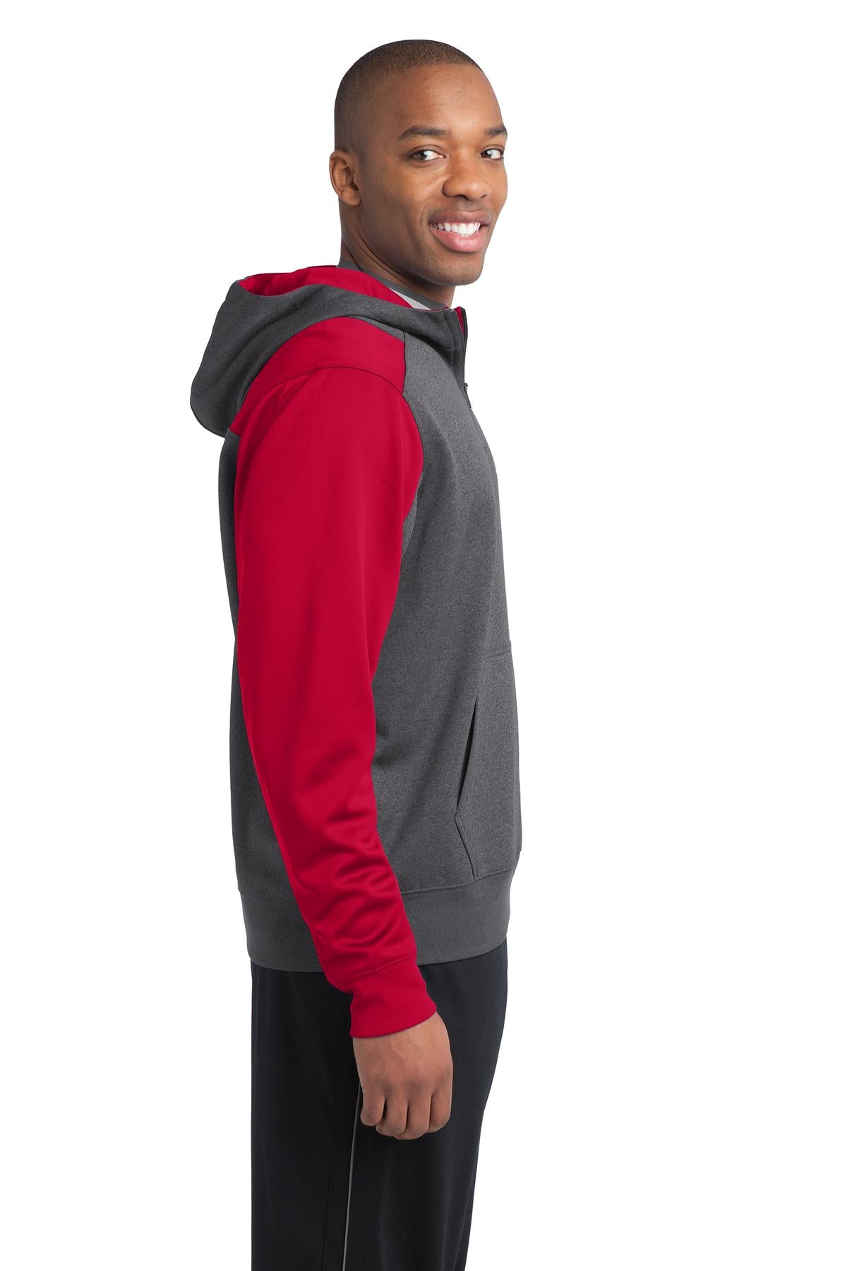 Grph Hea/TrRed Sport-Tek Tech Fleece Colorblock 1/4-Zip Hooded Sweatshirt. ST249