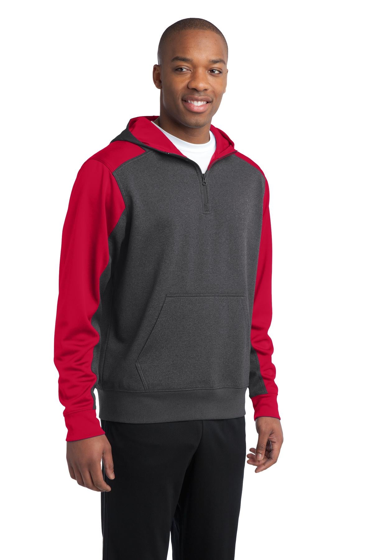 Grph Hea/TrRed Sport-Tek Tech Fleece Colorblock 1/4-Zip Hooded Sweatshirt. ST249