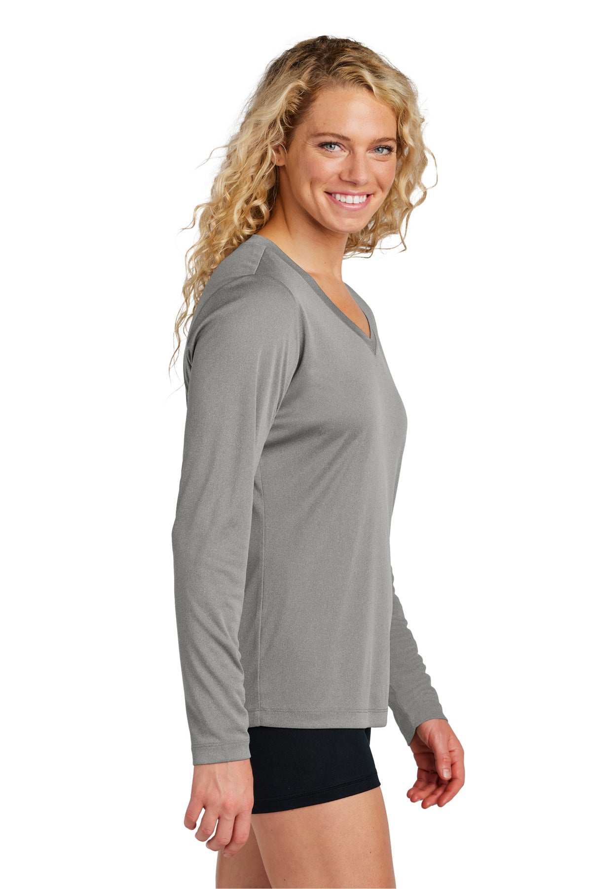 GryConHthr Sport-Tek Women's Long Sleeve PosiCharge Competitor V-Neck Tee. LST353LS