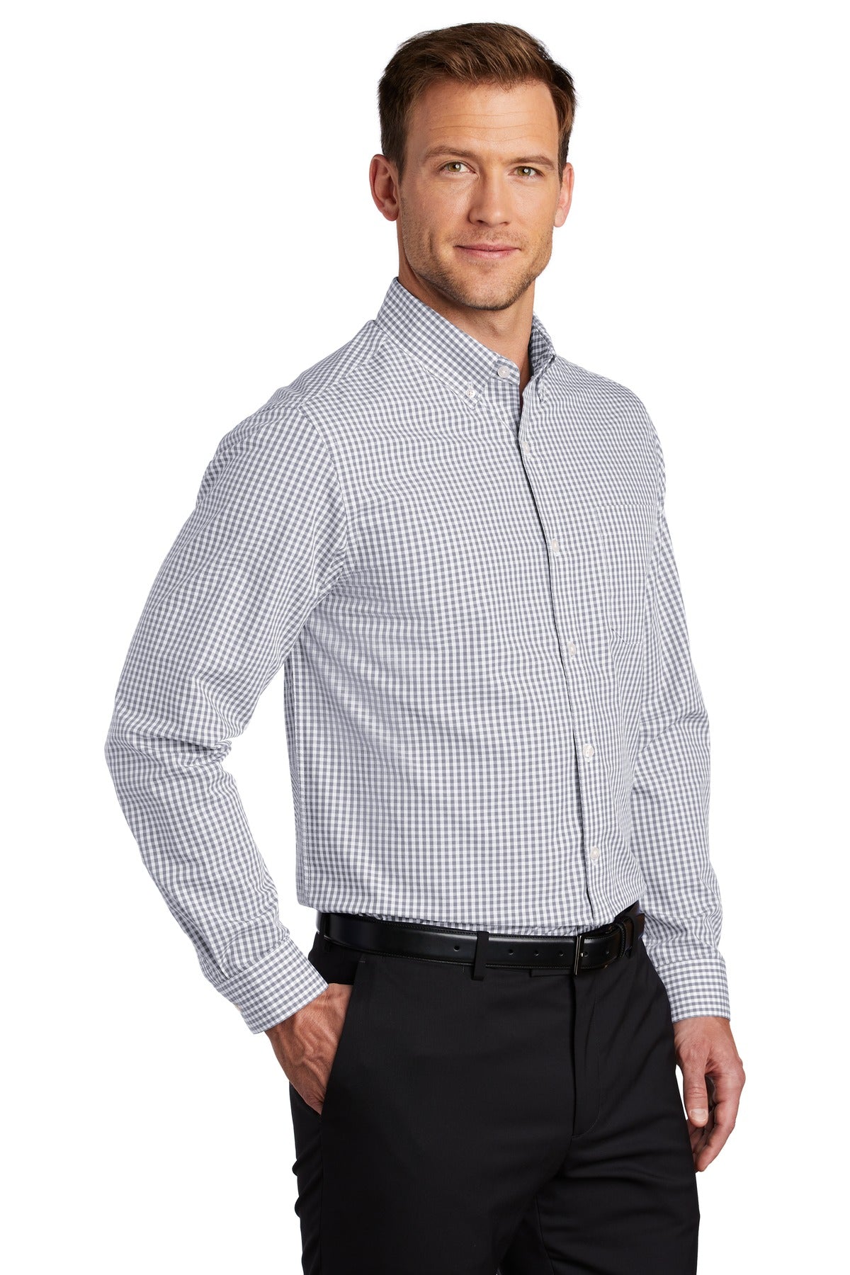 Gusty Grey/Wht Port Authority Broadcloth Gingham Easy Care Shirt W644