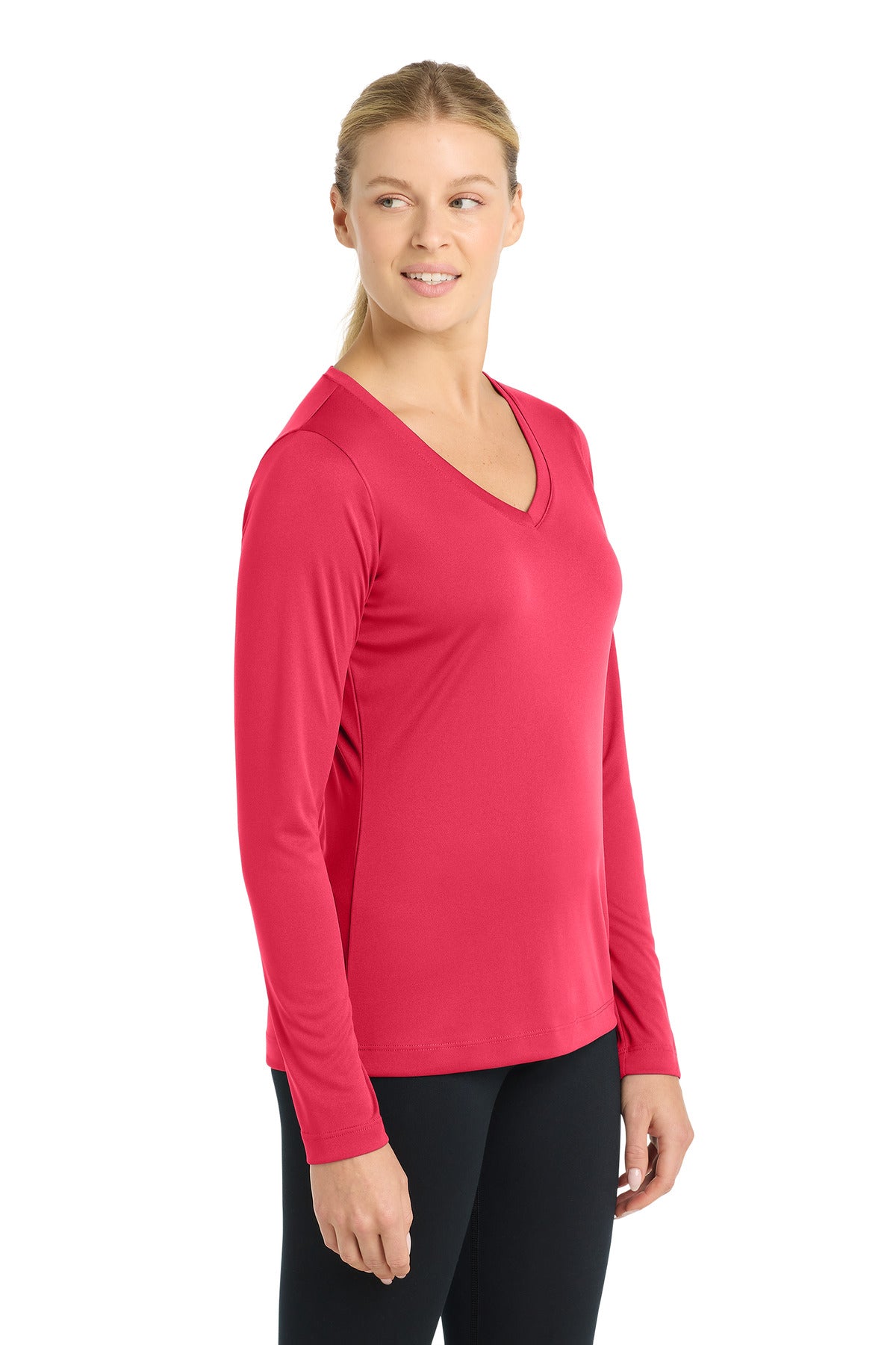 Hot Coral Sport-Tek Women's Long Sleeve PosiCharge Competitor V-Neck Tee. LST353LS