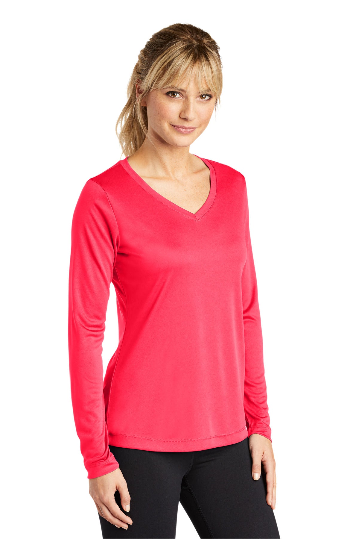 Hot Coral Sport-Tek Women's Long Sleeve PosiCharge Competitor V-Neck Tee. LST353LS