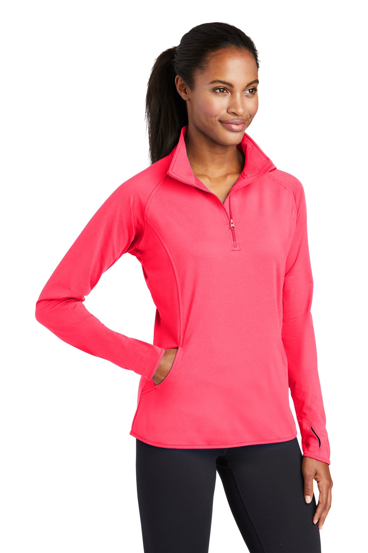 Hot Coral Sport-Tek Women's Sport-Wick Stretch 1/4-Zip Pullover. LST850