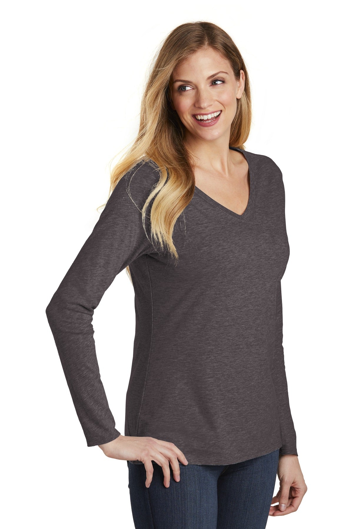 Hthrd Charcoal District Women's Very Important Tee Long Sleeve V-Neck. DT6201