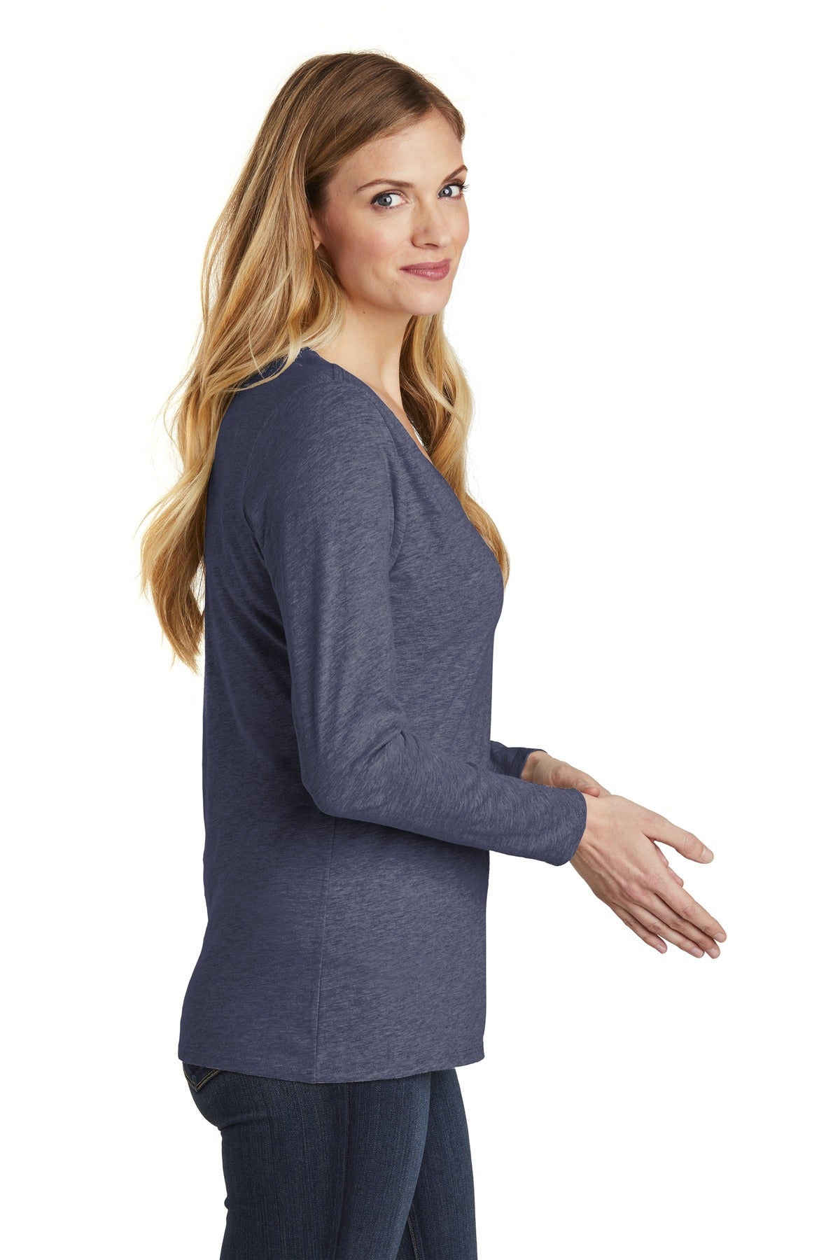Hthrd Navy District Women's Very Important Tee Long Sleeve V-Neck. DT6201