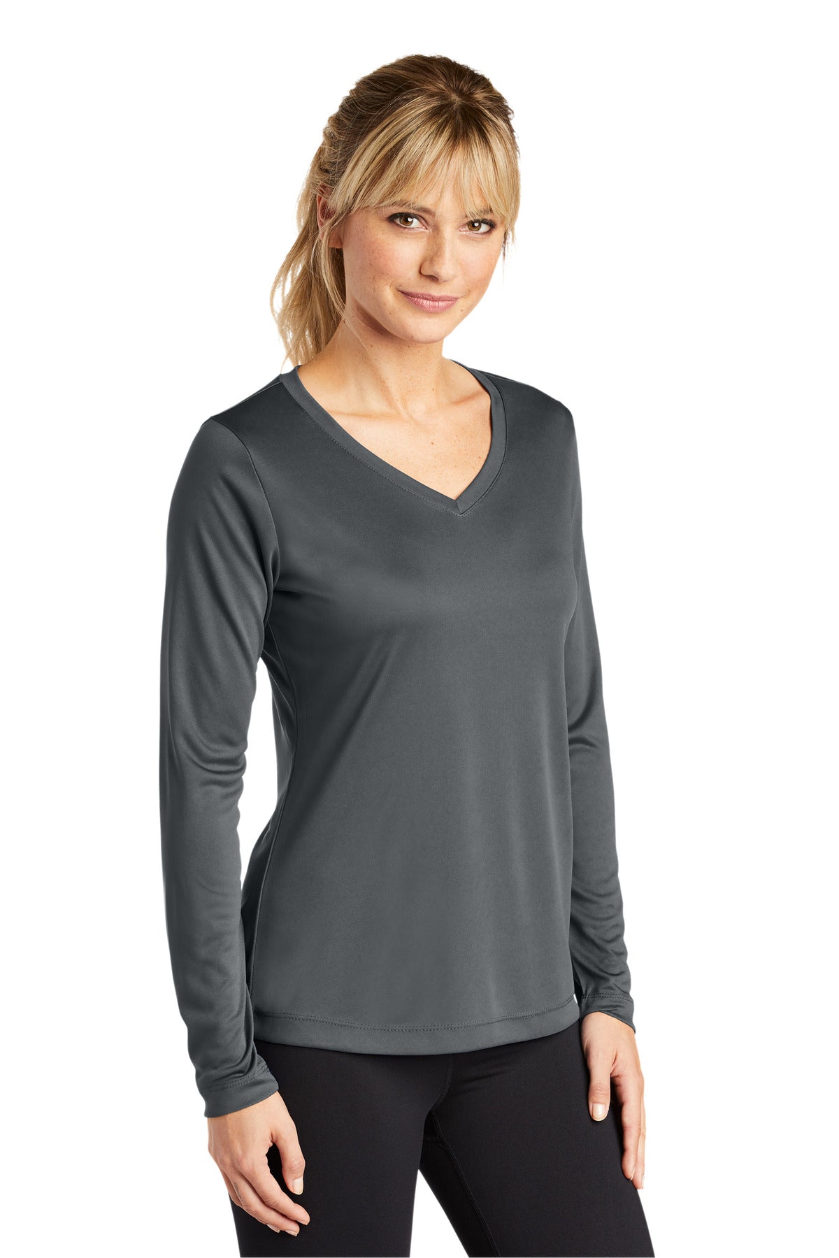 Iron Grey Sport-Tek Women's Long Sleeve PosiCharge Competitor V-Neck Tee. LST353LS