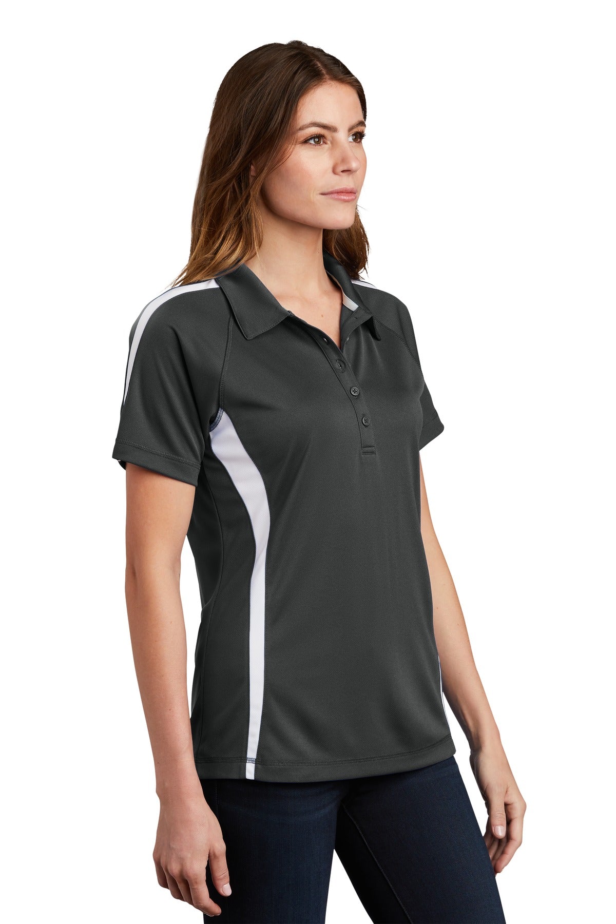 Iron Grey/Wht Sport-Tek Women's PosiCharge Micro-Mesh Colorblock Polo. LST685