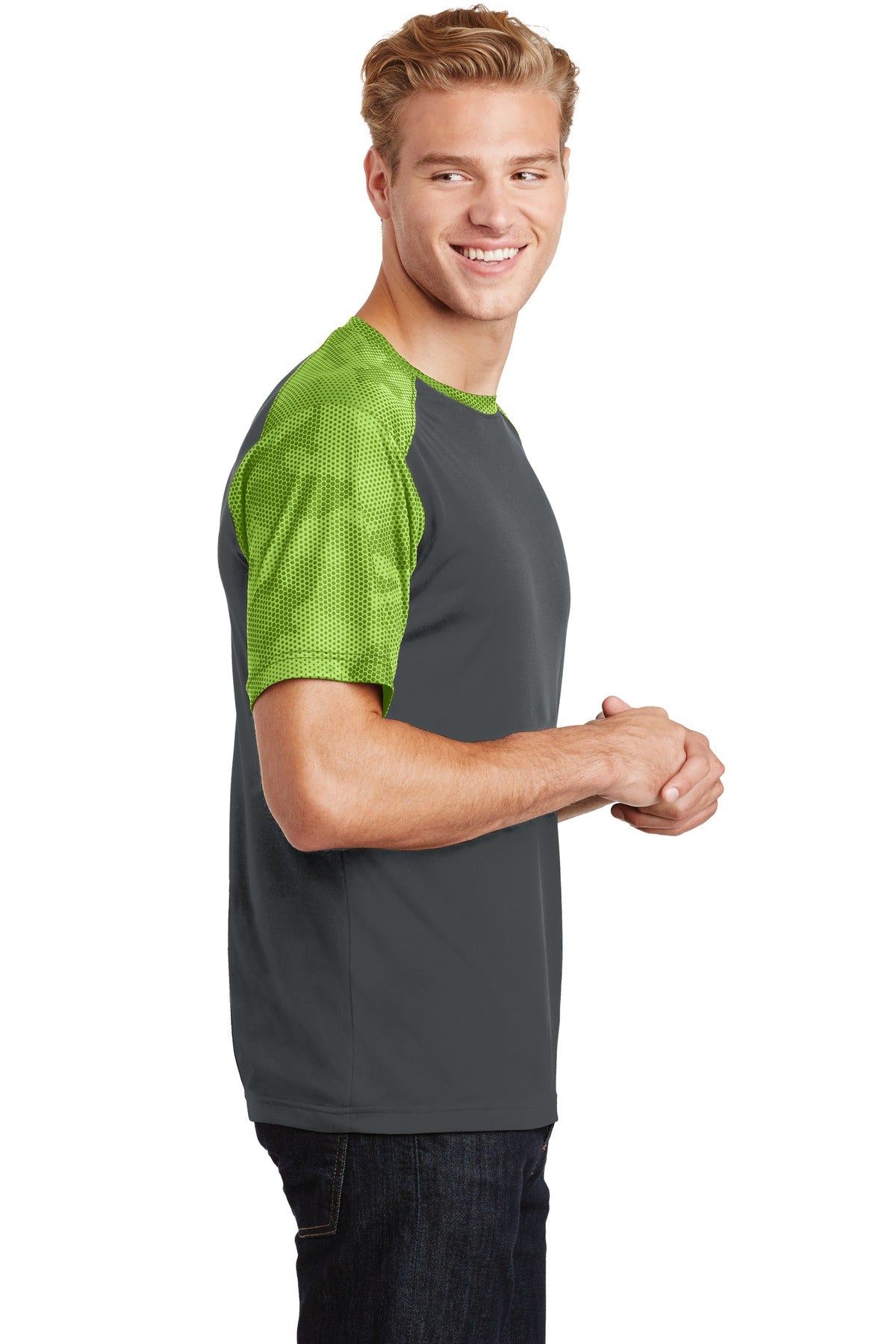 Iron Gry/LimeS Sport-Tek CamoHex Colorblock Tee. ST371